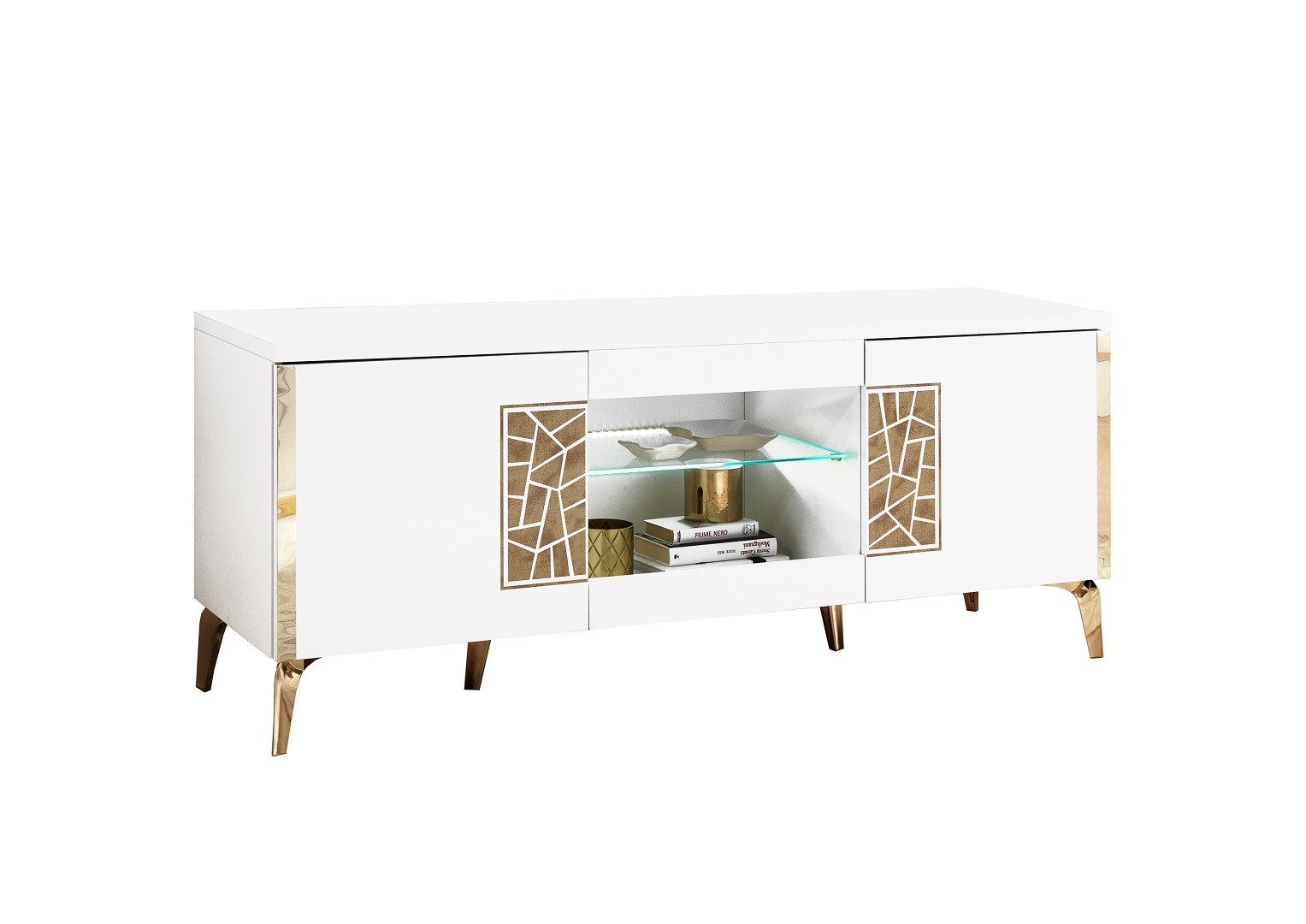 Interdesign24 TV-Board Stella (2-Türig mit offenen Fächern, in Weiß/Gold Hochglanz), Made in Italy