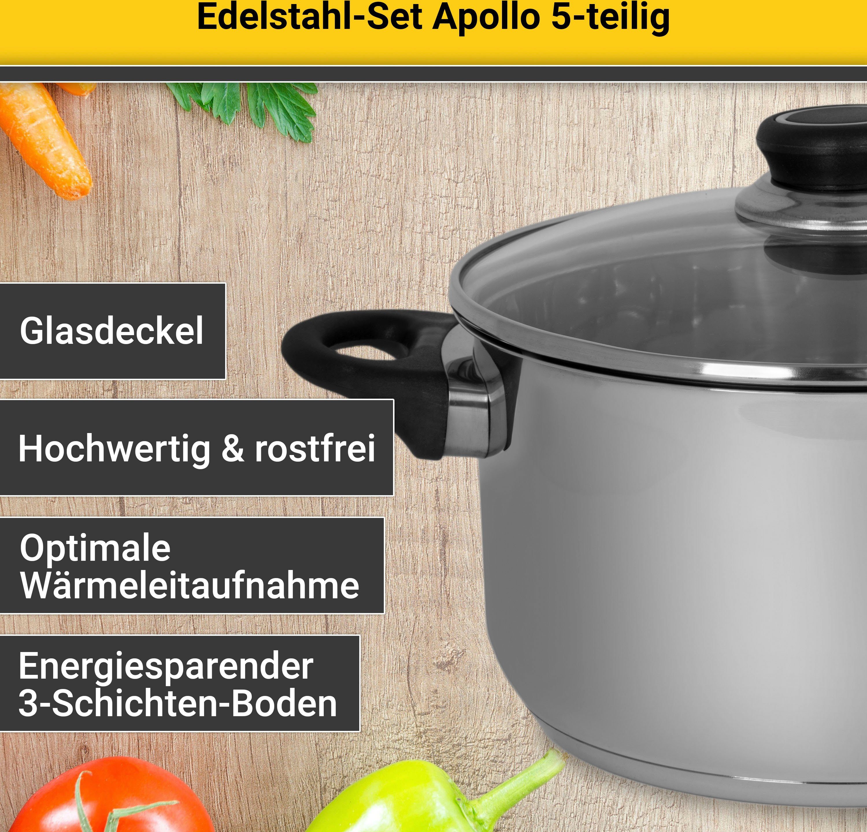 Krüger Topf-Set Apollo, Edelstahl (Set, 9-tlg., 1 Bratentopf Ø 16/20 cm, 1 Fleischtopf Ø 16/20 cm, 1 Stieltopf Ø 16 cm), für Induktions-Kochfelder geeignet