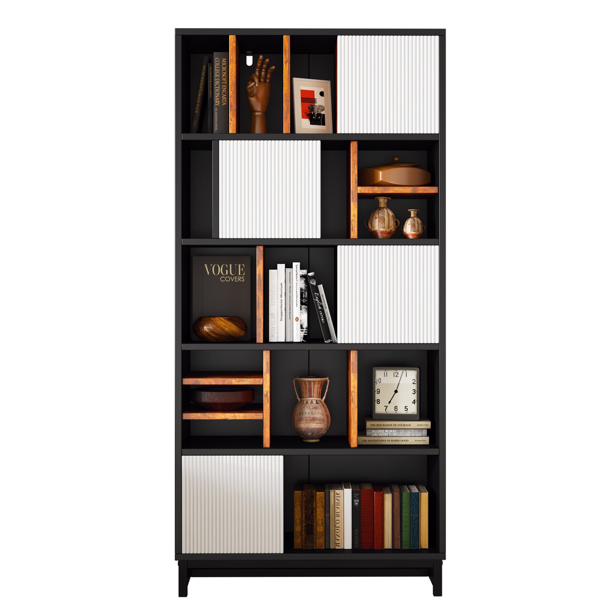 DOPWii Vitrine Bücherregal mit 5 Fachböden, 165 cm hoch, 80 cm breit, Vitrine, Praktisches Regal für Bücher, Dekoration, in Schwarz, Weiß und Braun