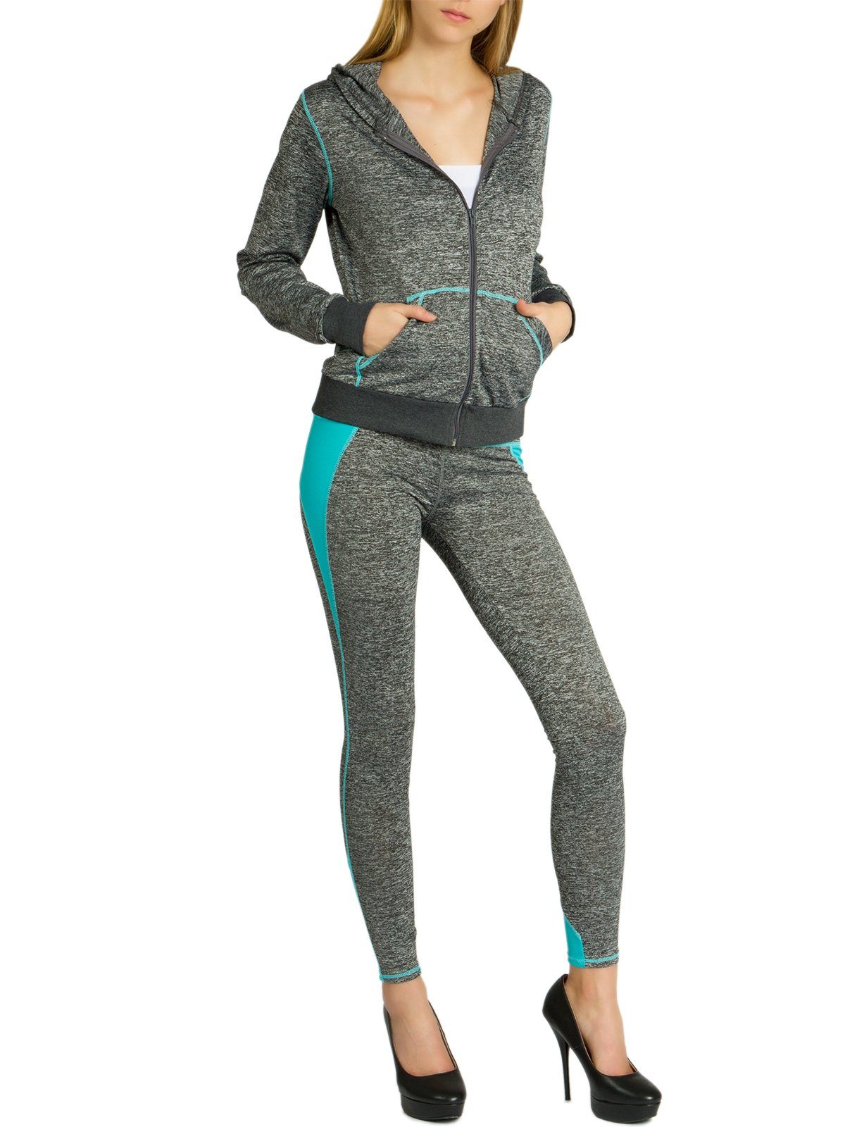 Caspar JG001 grau Damen Jogginganzug Trainingsanzug / stylischer mit Kapuze meliert türkis