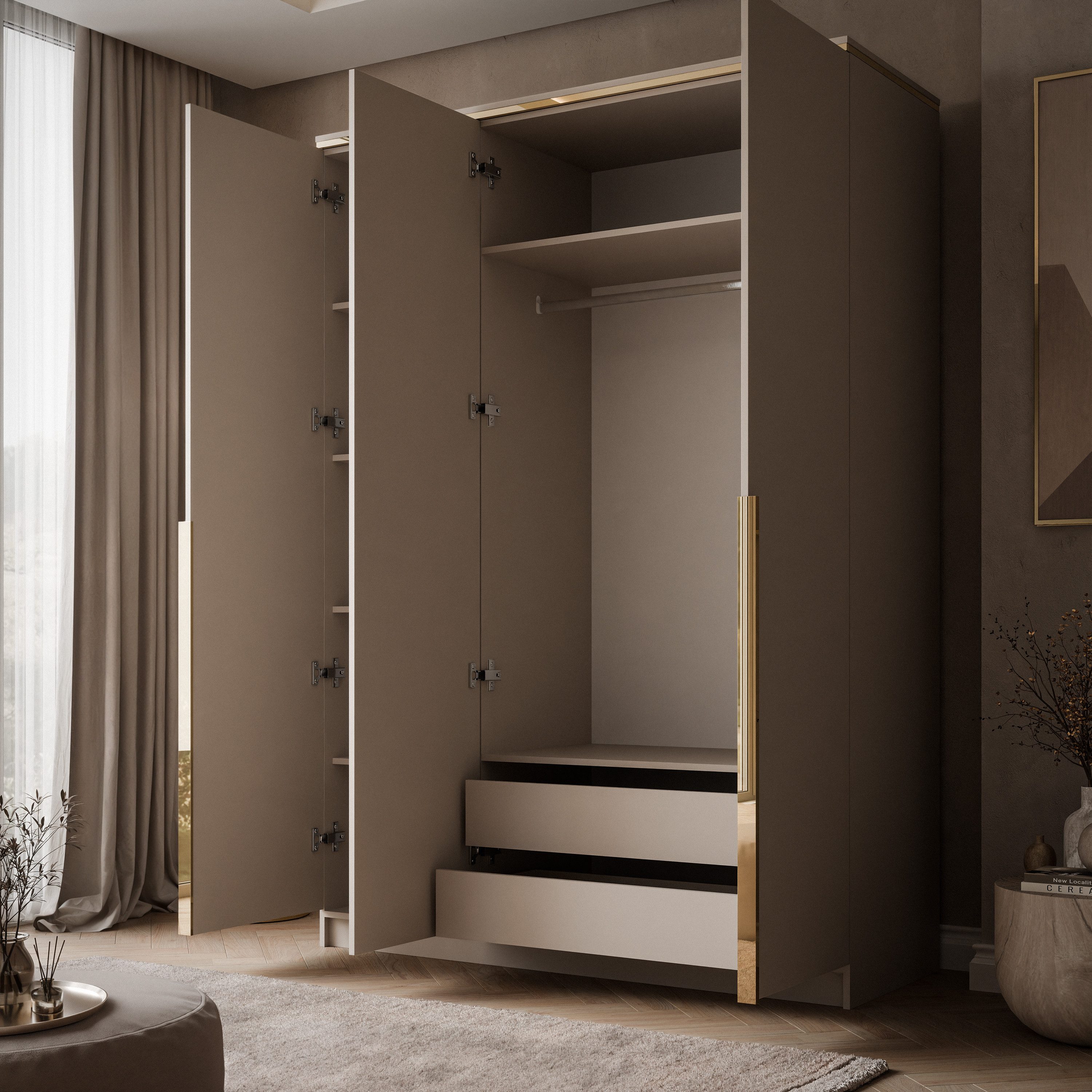 Lookway Kleiderschrank AURORA 3D KASCHMIR mit Spiegel Drehtürenschrank mit 3 Türen (Kleiderschrank mit stilvoller Umrandung in Goldoptik) 150x213x55 – Bild 3 von 5