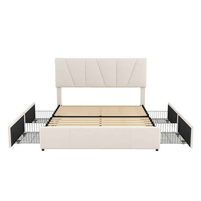 Welikera Stauraumbett Double Size Polster Plattform Bett mit vier Schubladen auf zwei Seiten, Polsterbett,Stauraumbett,Verstellbares Kopfteil,Beige(140*200cm)