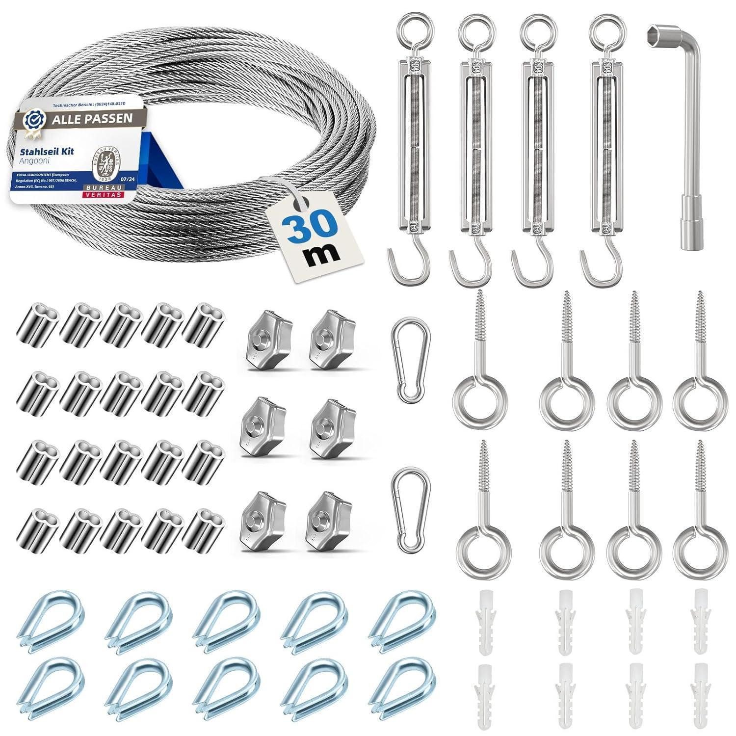 LuxusKollektion Drahtspanner Stahlseil Edelstahl Drahtseil 3 mm 30 m 58 pcs Kit