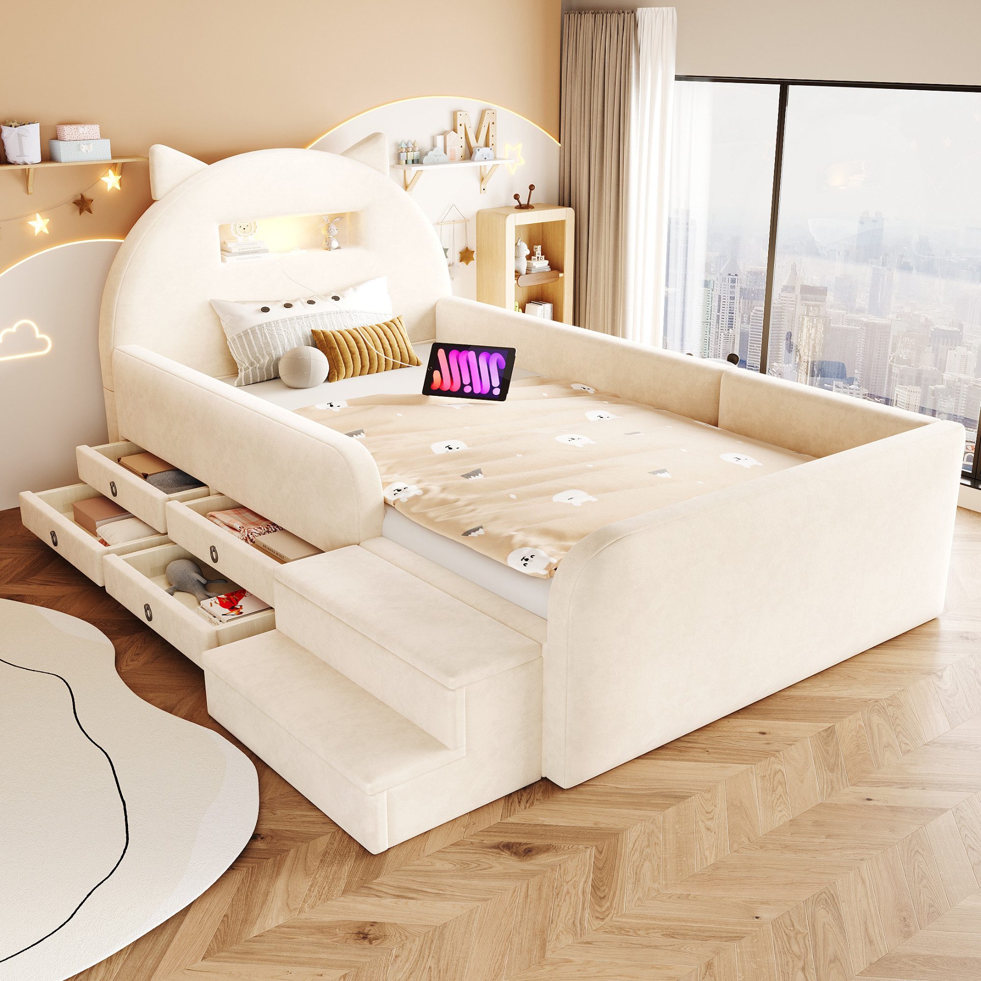 Flieks Polsterbett mit Niedlichem Kopfteil in Ohrenform, Kinderbett 90x200cm mit Nachtlicht, USB-Anschluss und 4 Schubladen