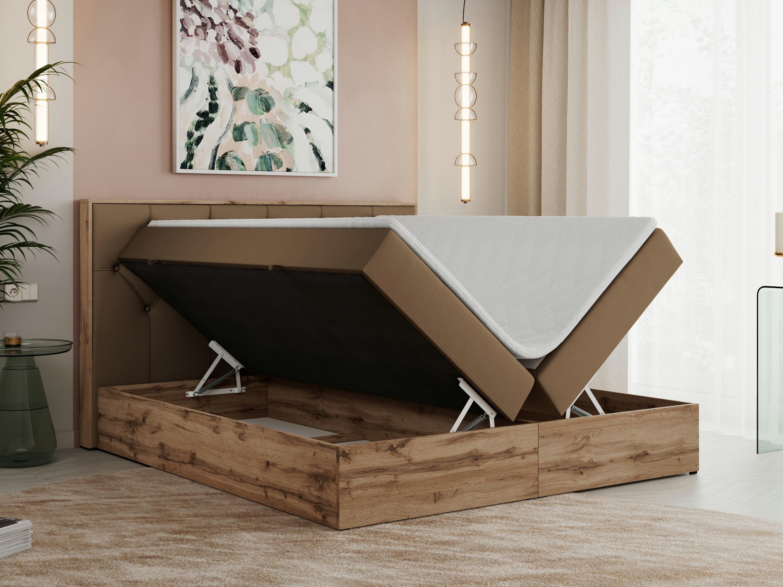 MKS MÖBEL Boxspringbett VENETO (Polsterbett, zwei Bettkästen, Topper T25/Visco, T30-Schaum), Multipocket Matratzen, Rahmen des Bettes in Eichen-Optik
