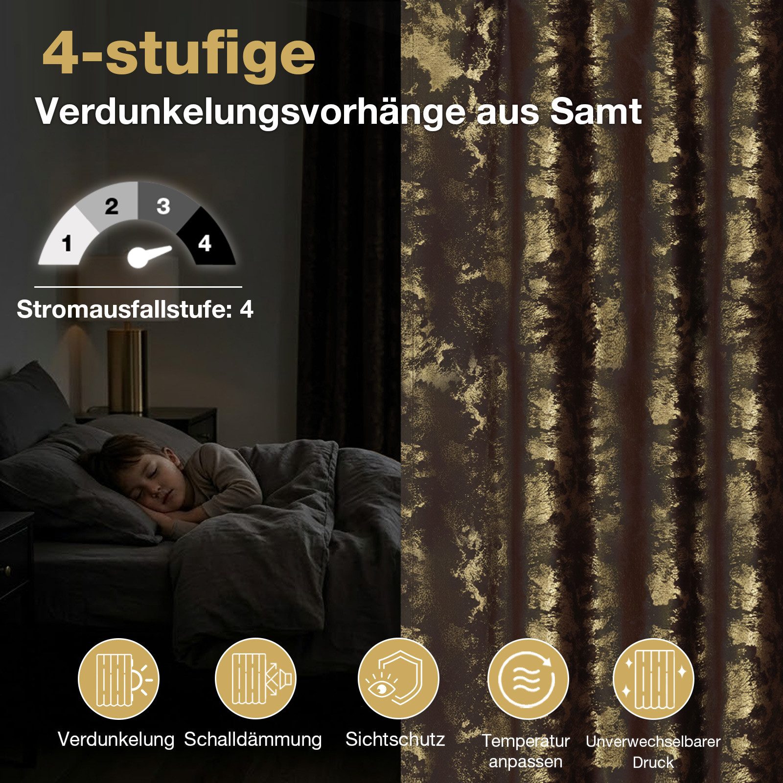 Lapamax Verdunkelungsvorhang Samt-Verdunkelungsvorhang im 2er-Set, 132 cm breit, mit Goldprint (2 St), Multifunktionsband, blickdicht, Samt, Multifunktionsband mit Bindebändern, schonend waschbar und praktisch