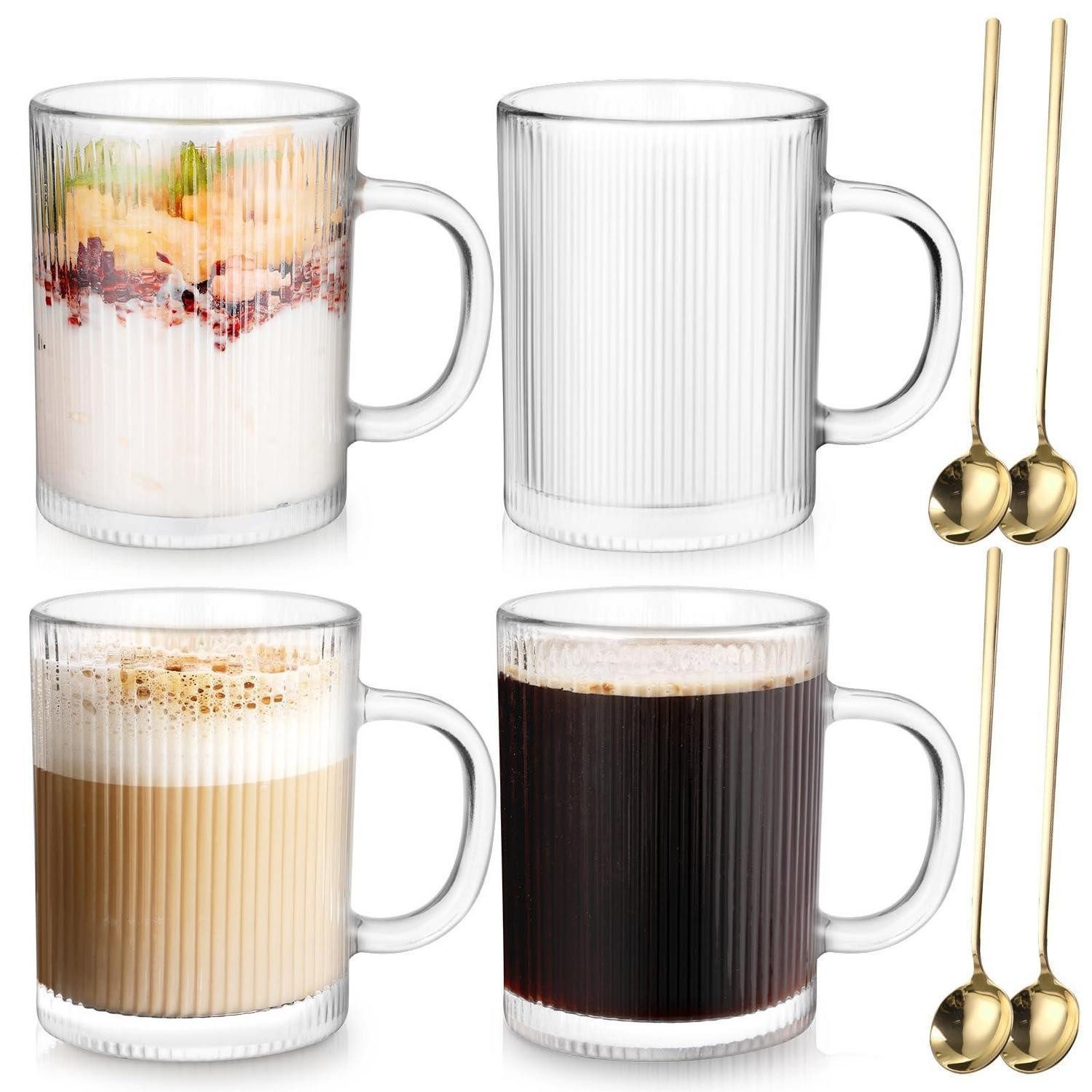 LuxusKollektion Latte-Macchiato-Glas Cappuccino-Gläser Set 4er 350ml geriffelt mit Löffel, Glas