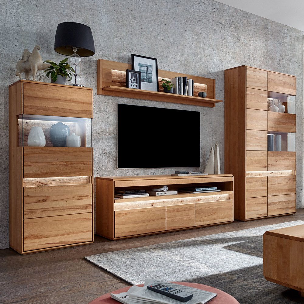 Lomadox Wohnzimmer-Set WELLAND-69, (Mega-Spar-Set, 4-St., Highboard Lowboard Vitrine Wandregal), in Kernbuche massiv geölt inkl. Beleuchtung, montiert