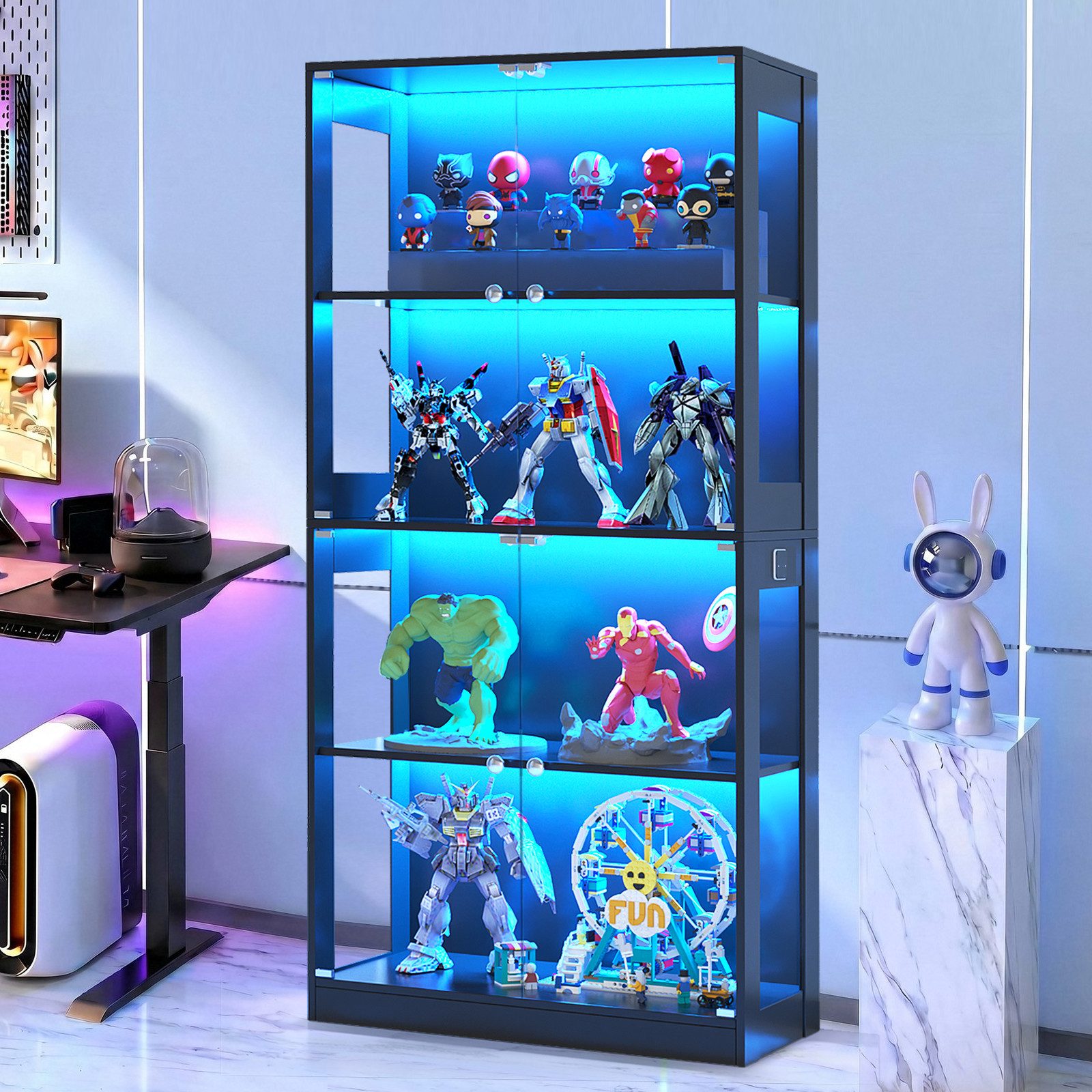 VOWNER Glasvitrine mit 3-Farben-LED-Beleuchtung, Vitrine für Spielzeug/Bücher/Deko (1-St) 360°-Sicht, Explosionssichere Tür, 4 Regale, 80x165x35 cm