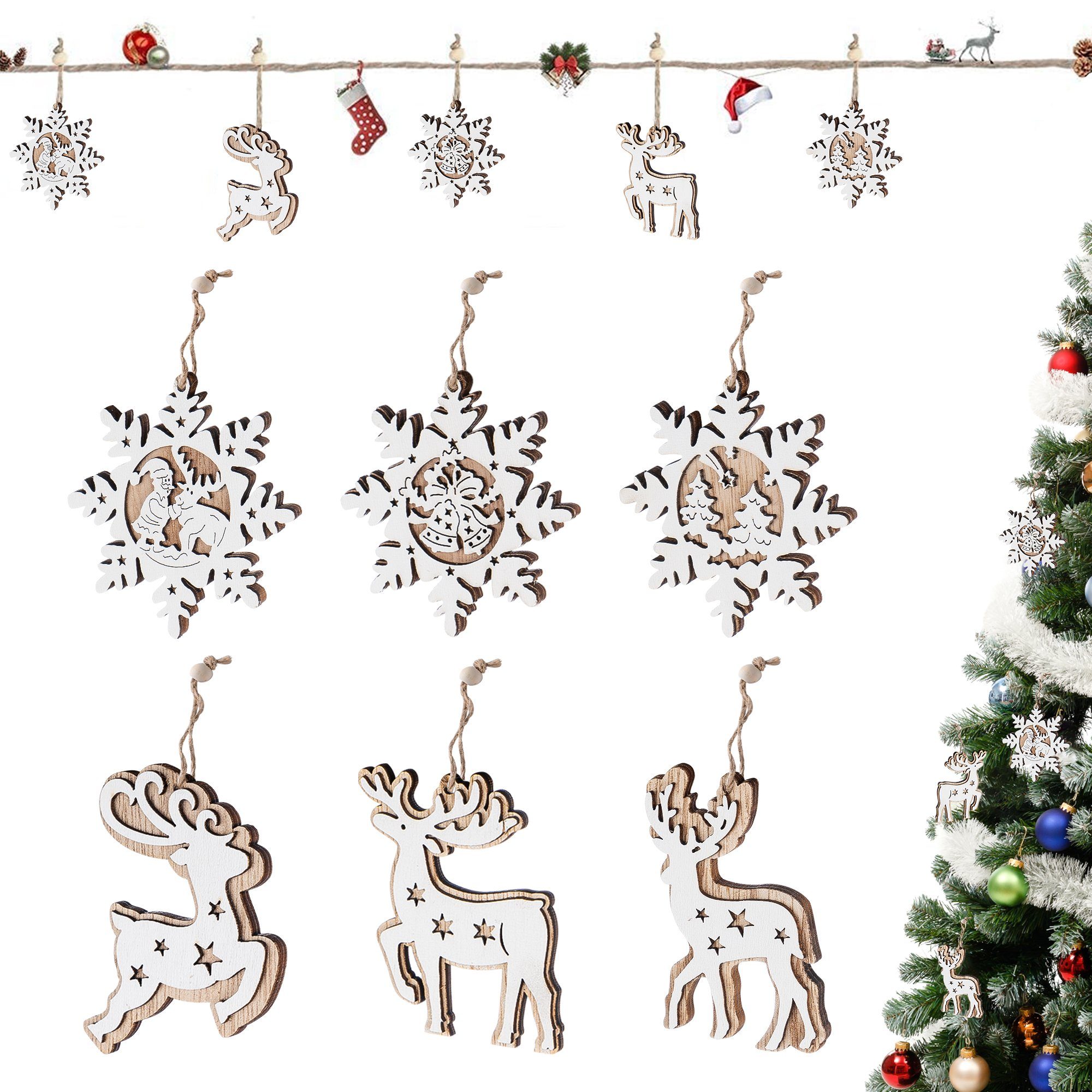 Homewit Christbaumschmuck Weihnachtsbaum Anhänger Holz Weihnachtsanhänger mit Juteseil (12-tlg), für Dekoration & Christbaumanhänger