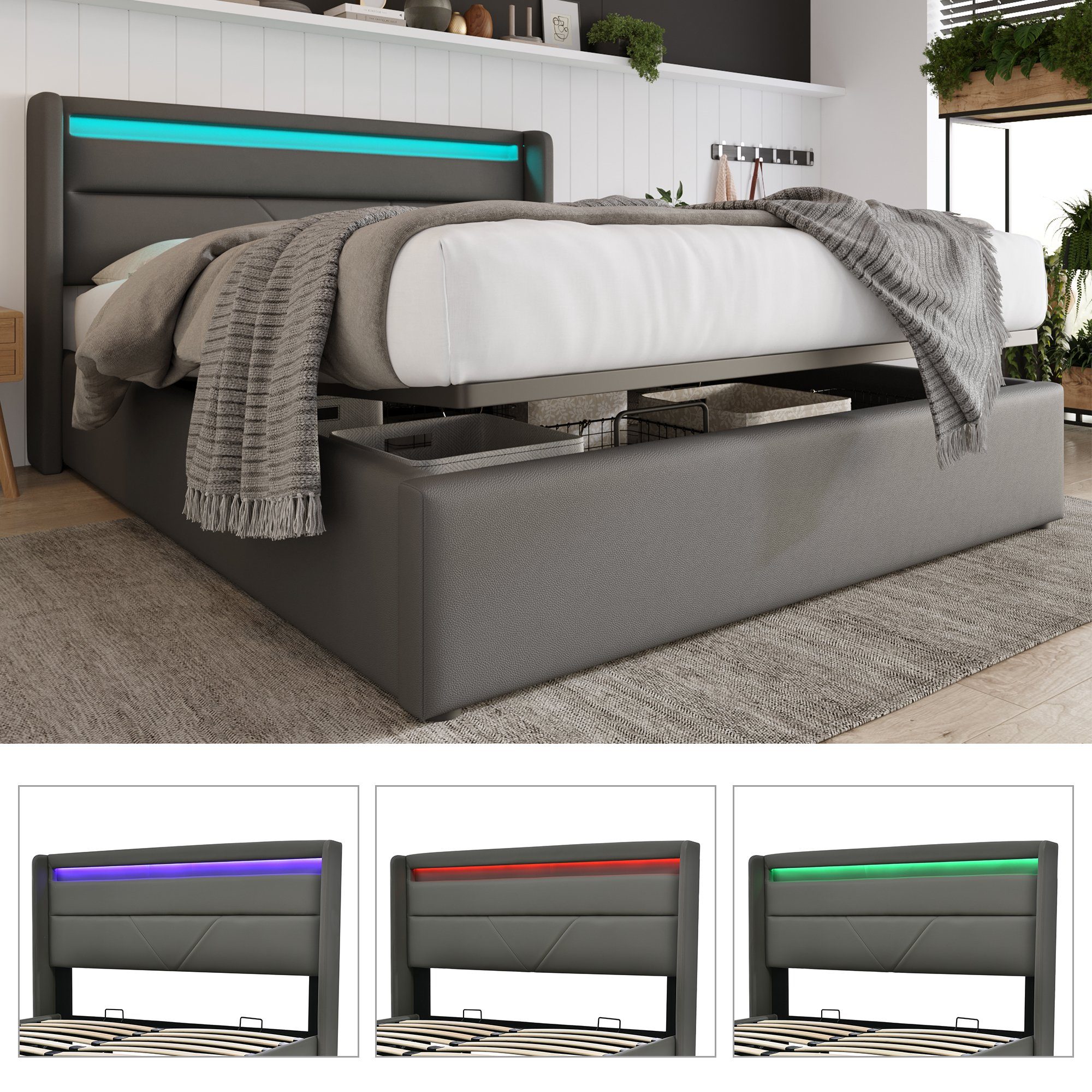 Weiß/Grau, Fernbedienung LED+Stauraum Polsterbett Mit Doppelbett mit Hydraulisch Gotagee Polsterbett