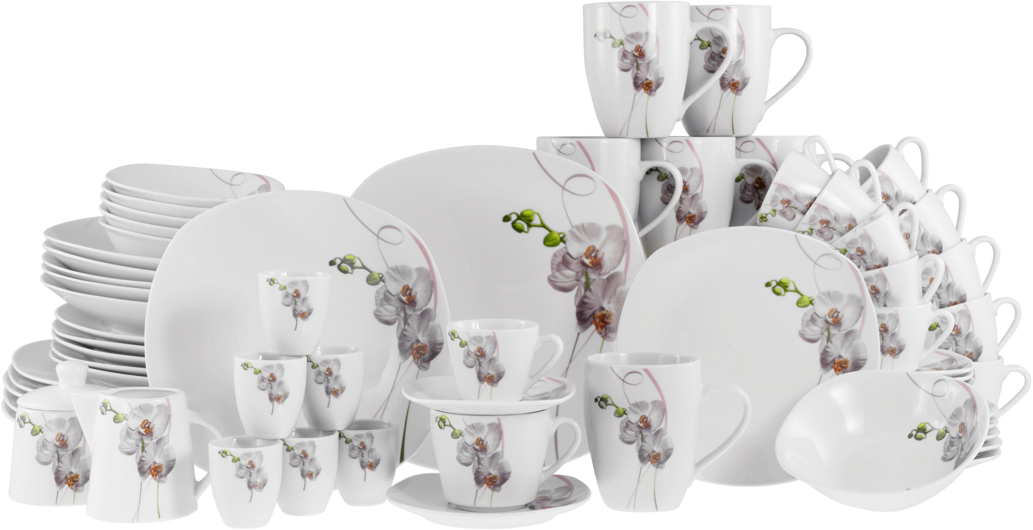 CreaTable Kombiservice Square Orchidee, Kombi-Service 62-tlg (62-tlg), 6 Personen, Porzellan, Fotorealistische Darstellung