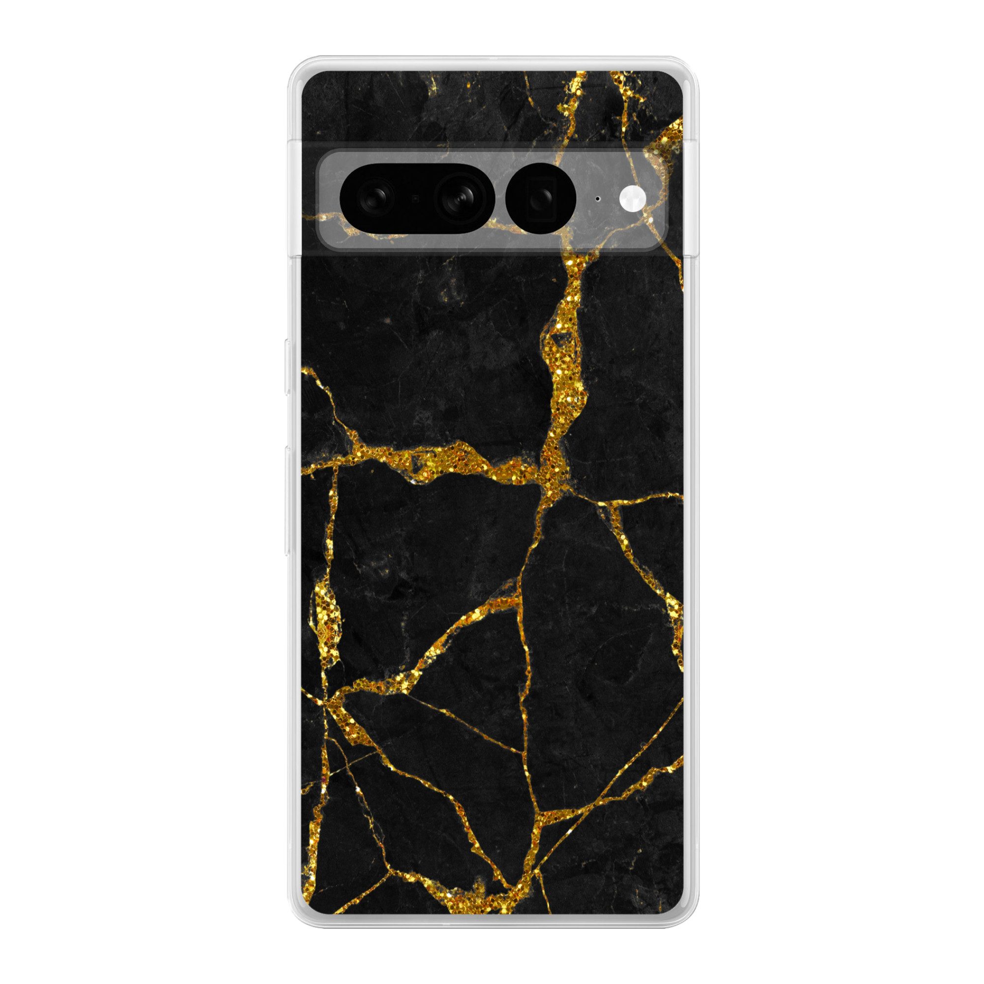 MuchoWow Handyhülle für Google Pixel 7 Pro Marmor - Gold - Schwarz - Marmoroptik - Glitter, Phone Case, Silikon, Schutzhülle Dünn