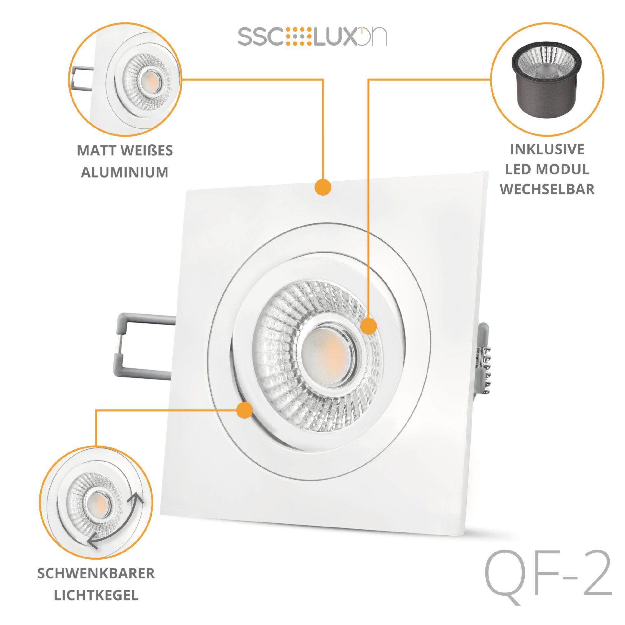 SSC-LUXon LED QF-2 mit Einbauspot warmweiss, Modul LED Warmweiß dimmbarem schwenkbar LED 6W Einbaustrahler