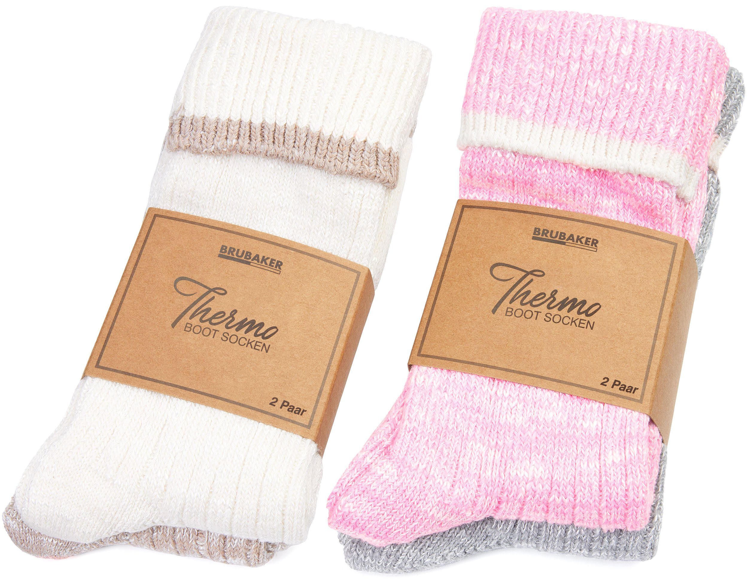 BRUBAKER Thermosocken Damen Socken - Sehr weich, gemütlich, flauschig und atmungsaktiv (Premium Stiefelsocken für Frauen, 4-Paar, Thermosocken für Winter - Rosa Beige Grau) Thermo Socken Wollsocken Strümpfe