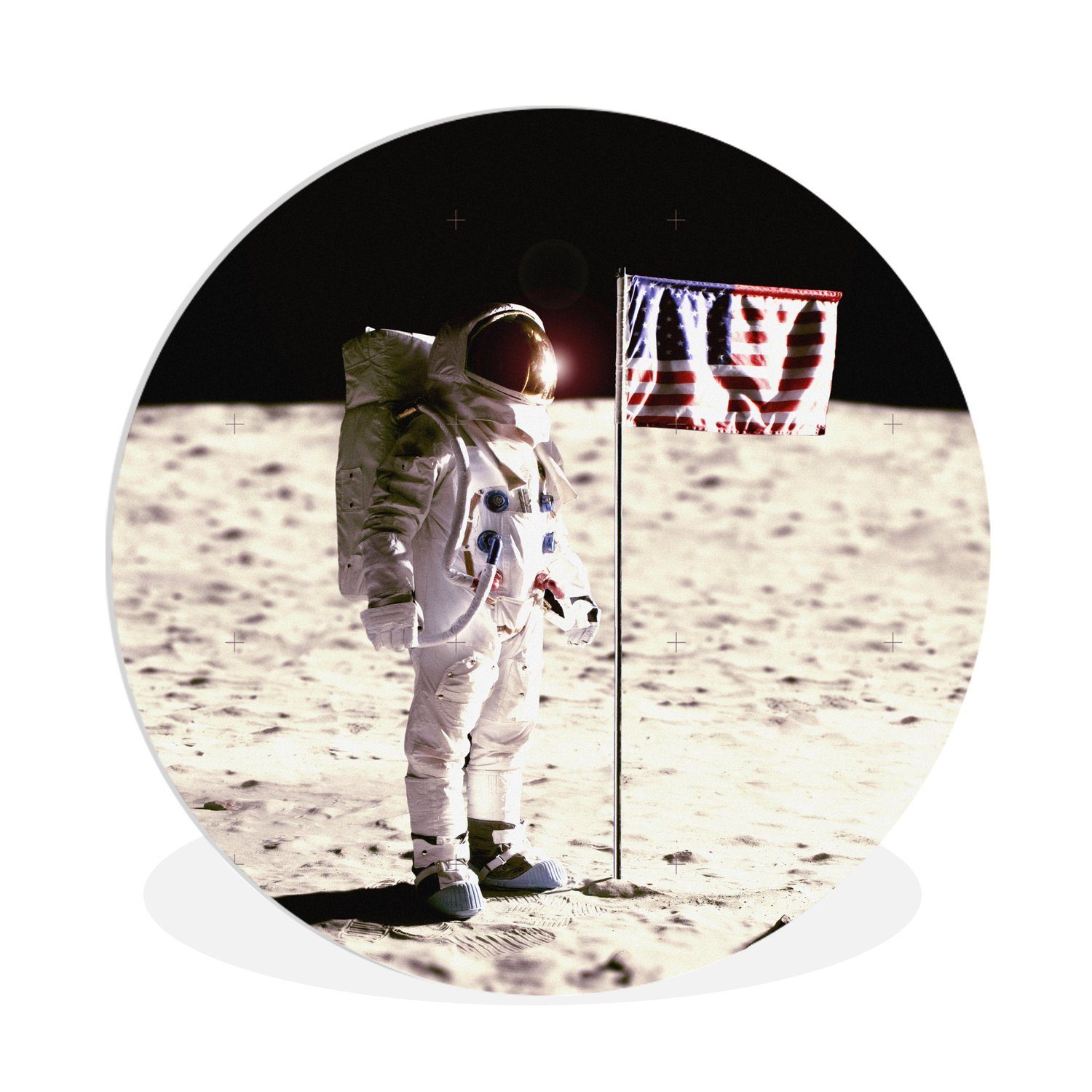 MuchoWow Gemälde Astronaut - Mond - Flagge - Amerika, (1 St), Kreis Wanddekoration Forex, Rundes Wandbild, Wohnzimmer, 30x30 cm
