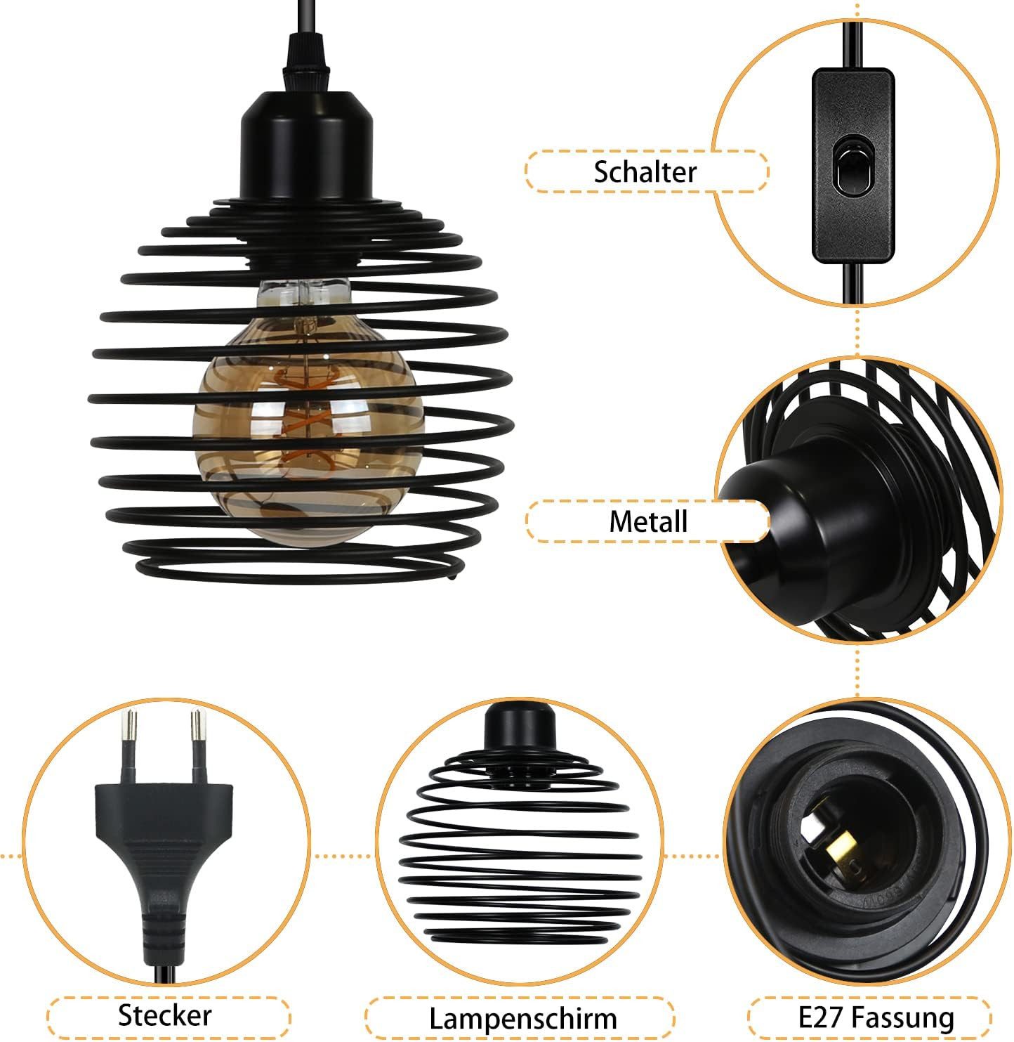 Nettlife Pendelleuchte Schwarz 1.5M Pendellampe mit Schalter Stecker E27, mit Schalter Stecker, LED wechselbar, Höhenverstellbar