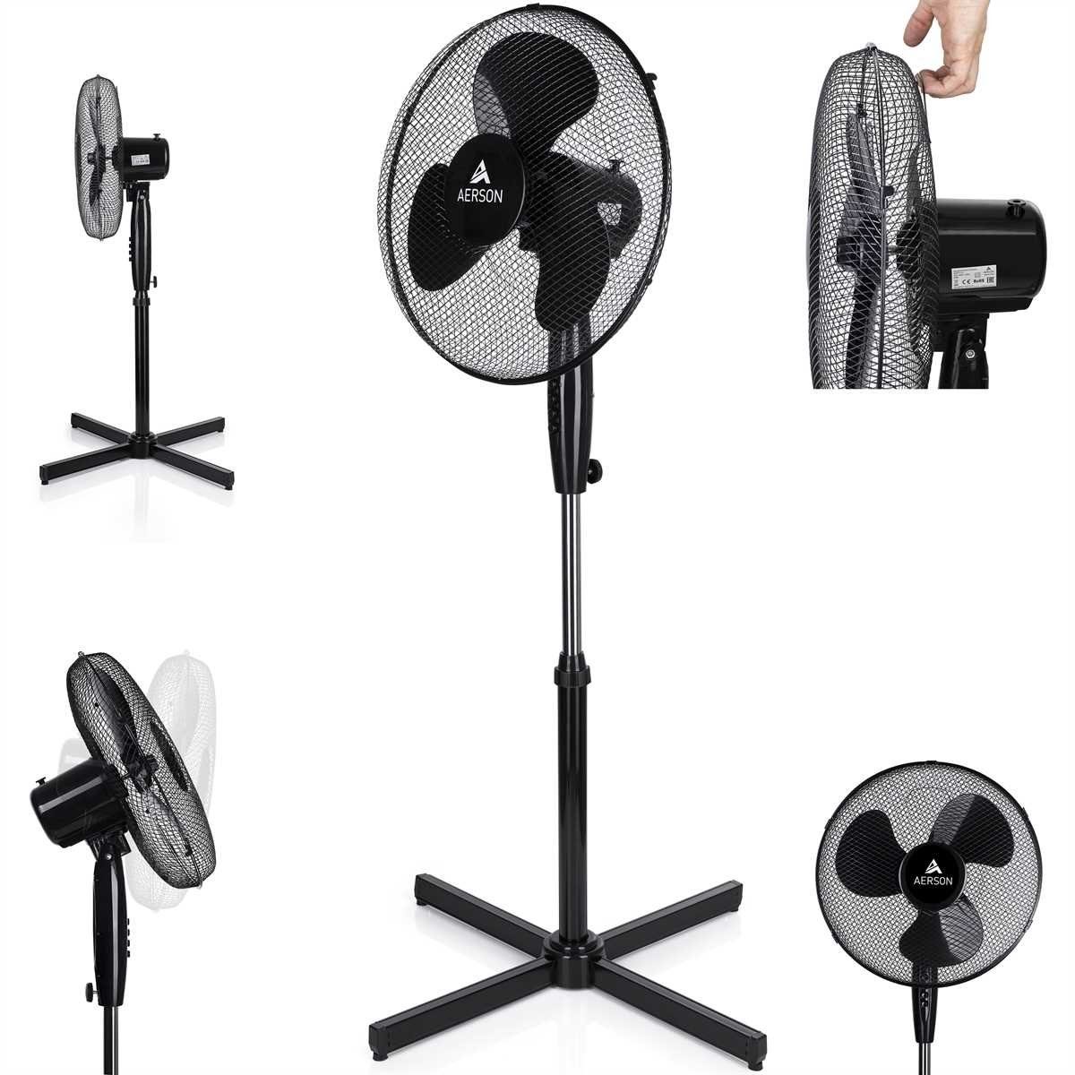 ca. Geschwindigkeitsstufen, Standventilator Ø40cm, AERSON 80° Schwarz Oszillation 3 Ventilator bis höhenverstellbar 120cm,