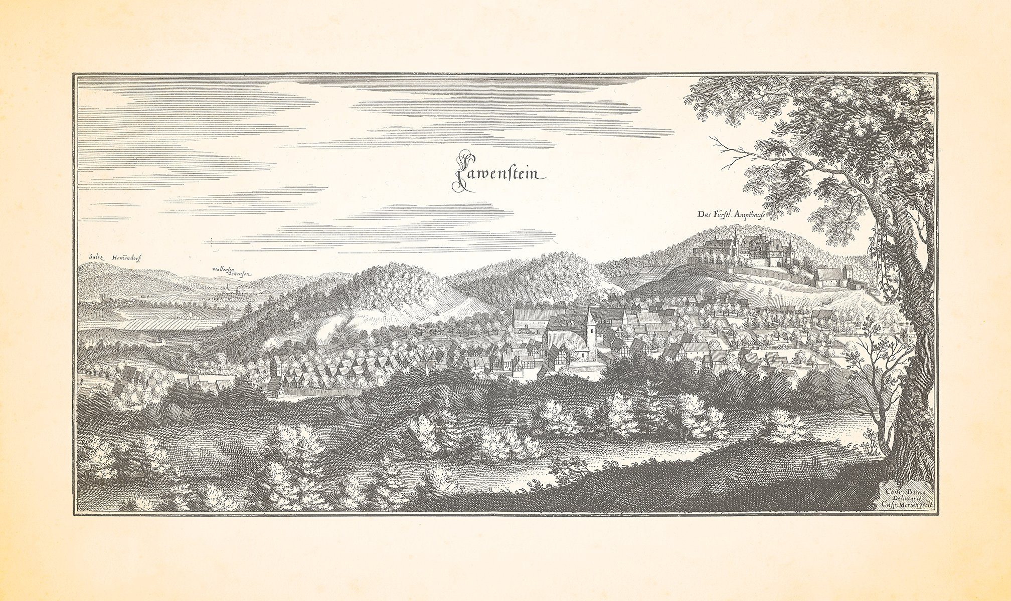 Kunstdruck Lauenstein Amtshaus Weserbergland Burg Spiegelberg Kupferstich Merian