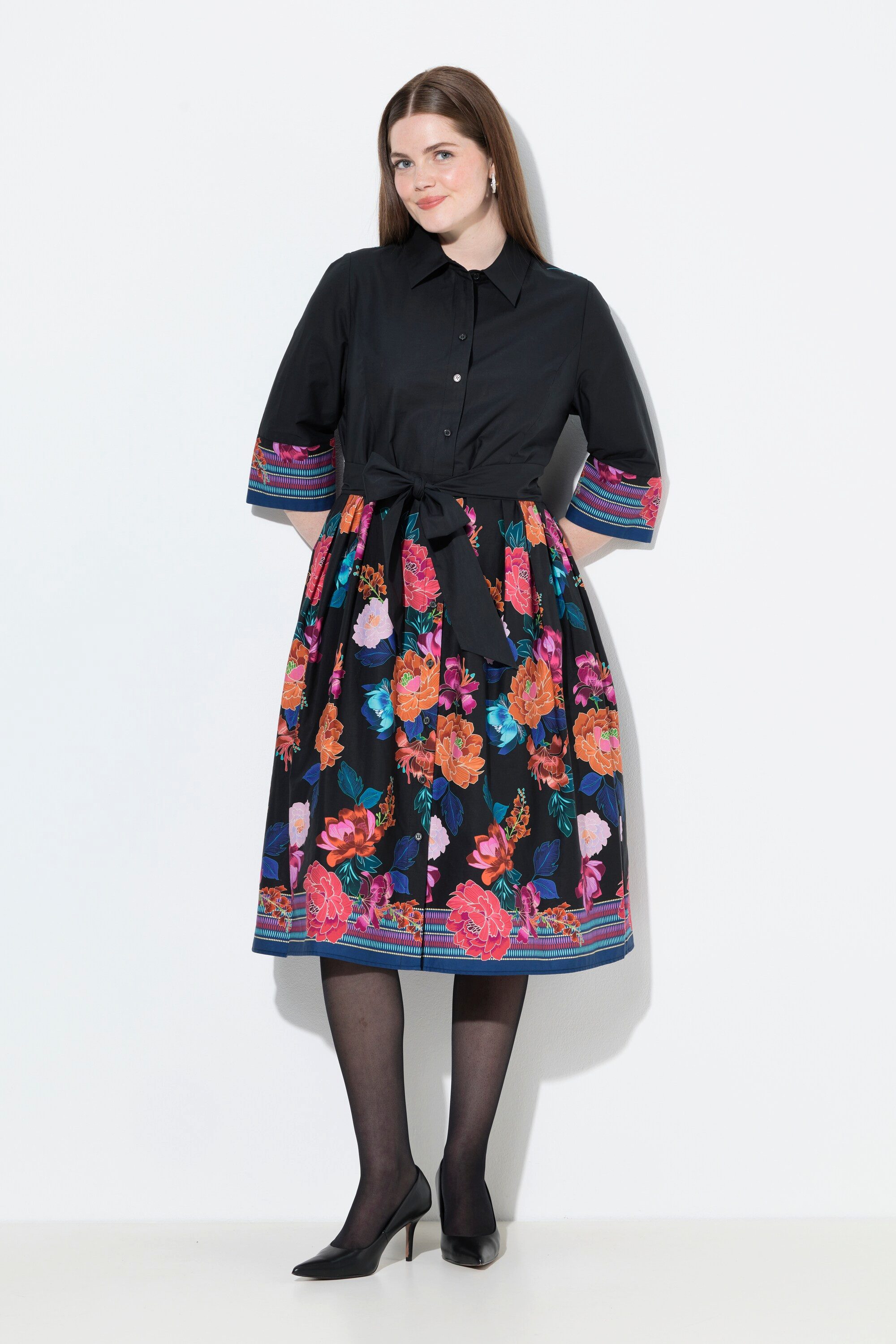 Ulla Popken Maxikleid Hemdblusenkleid Bindegürtel Hemdkragen 3/4-Arm günstig online kaufen