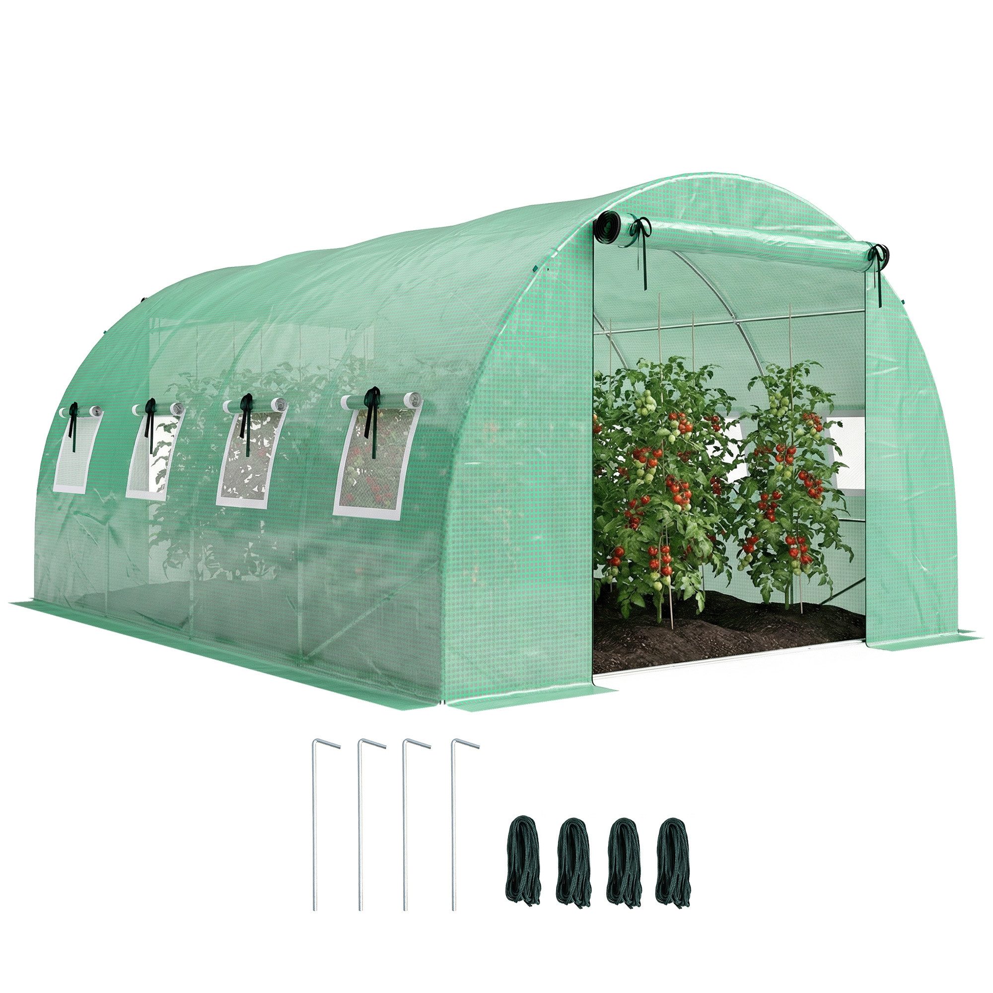 MC Star Gewächshaus Gewächshaus ca. 4 x 3 x 2 m Foliengewächshaus mit Rollbar, 2 Reißverschlusstür & 8 Netzfenster Stützstangen Grün