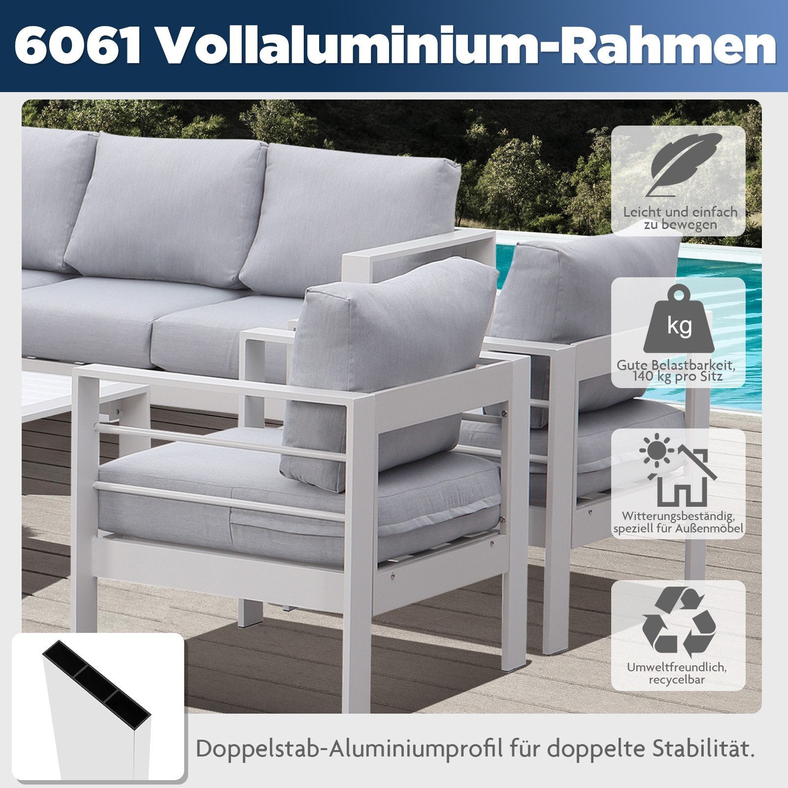 MeXo Gartenlounge-Set XXL Gartenmöbel Set Aluminium Outdoor, (weiß, harmonieren mit Licht bei Nacht, 1-tlg., Passt zum skandinavischen, mediterranen oder minima – Bild 4 von 5