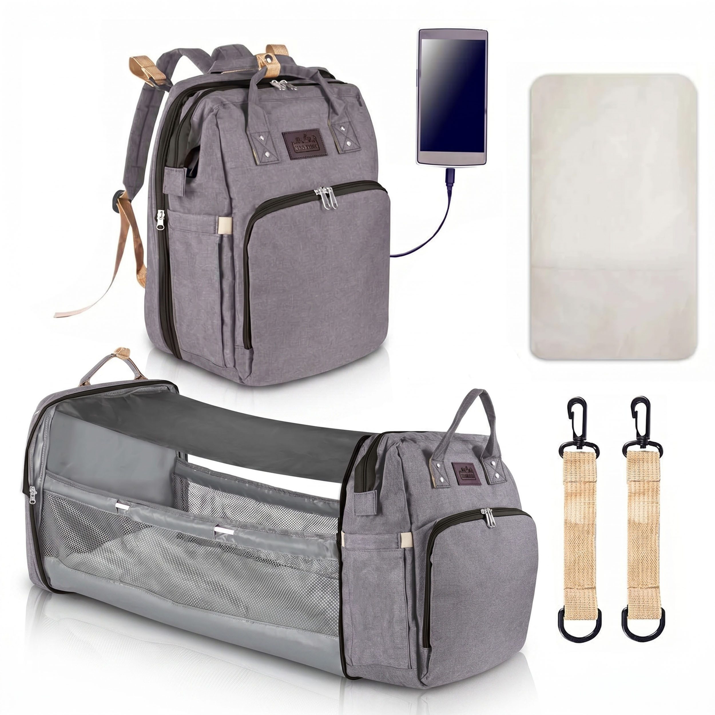 Wickelrucksack 2in1 Wickelrucksack mit Babybett integriert, Wickelauflage & Reise Set