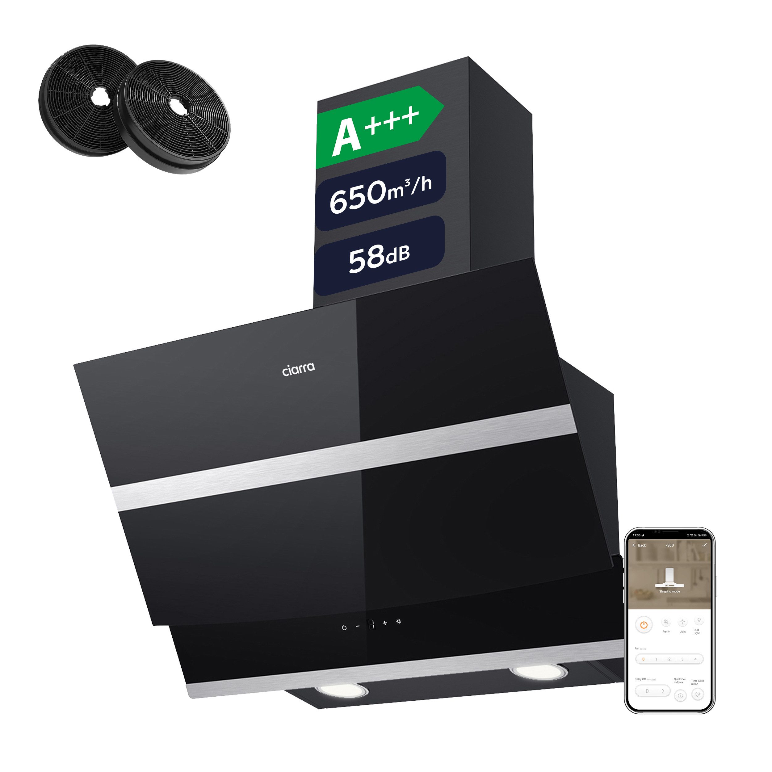 CIARRA Kopffreihaube CBCB6736N CBCB6736N, A+++ 650m³/h Dunstabzugshaube 60cm WIFI APP & Touch Control Boost