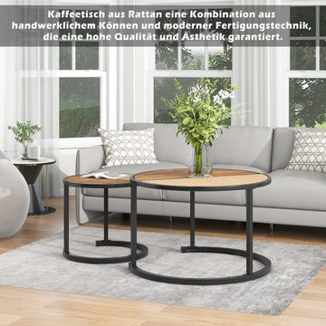 Merax Couchtisch aus Holz im Industrial Minimalistisch Design (2-St), Set rund Rattan Tischplatte Satztisch Wohnzimmertisch