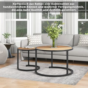 Merax Couchtisch Set aus Holz und Polyrattan, rund Satztisch (2-St), Wohnzimmertisch mit Metallrahmen, Landhausstil, Industrial