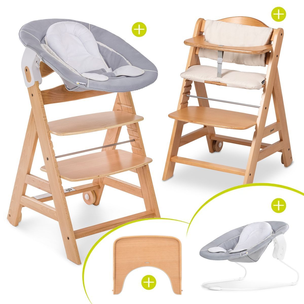 Hauck Hochstuhl Beta Plus Newborn Set - Natural, Holz Babystuhl ab Geburt mit Neugeborenenaufsatz, Sitzkissen, Essbrett