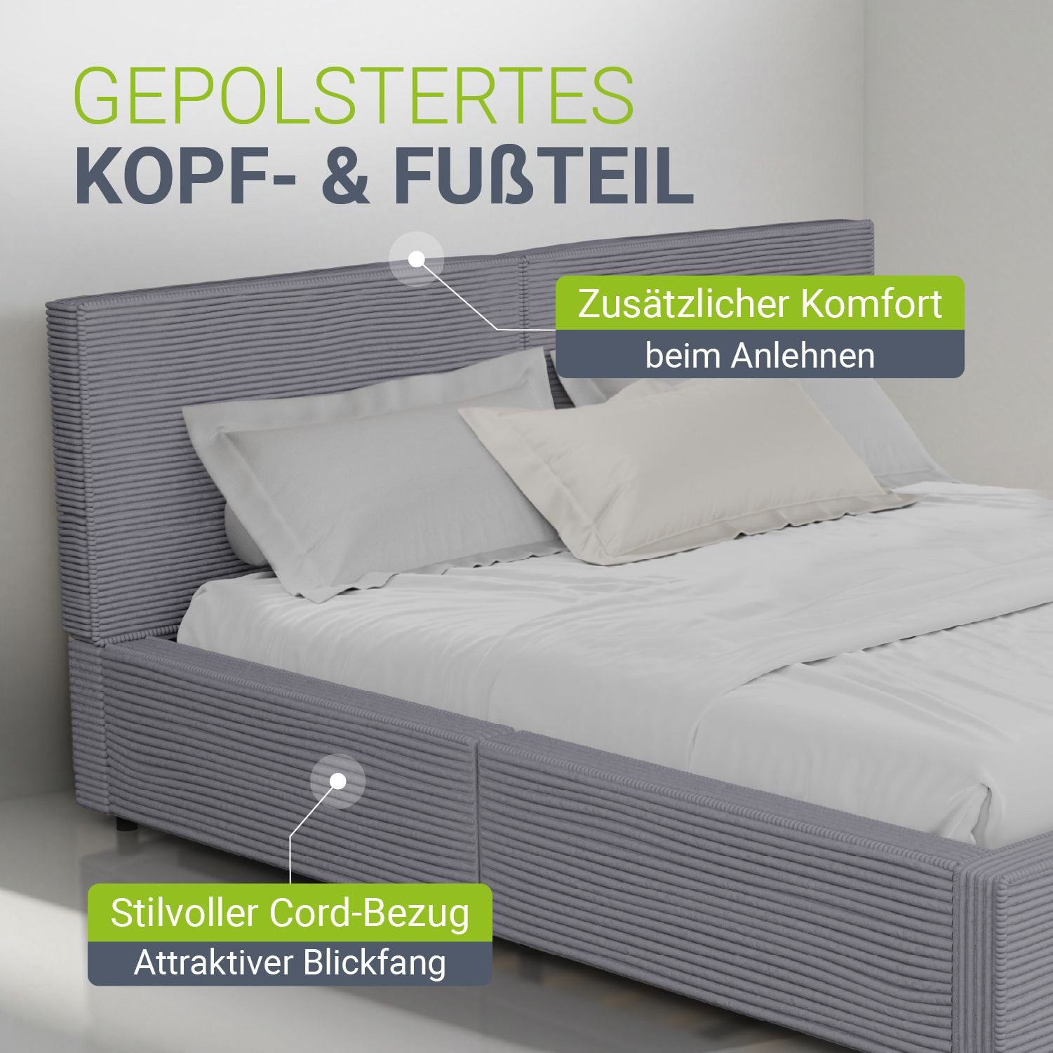 Juskys Polsterbett Salerno, Cord Design, bis 500 kg belastbar, Pflegeleicht mit Polsterung – Bild 5 von 5
