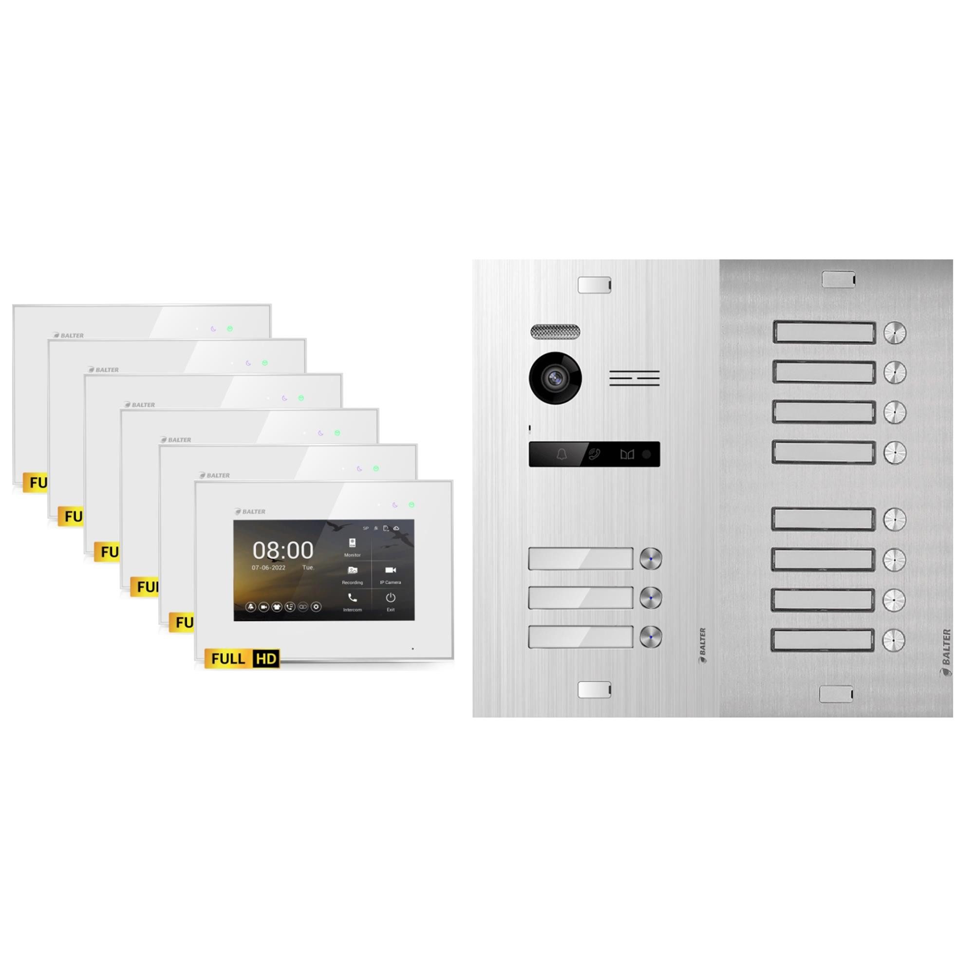 Balter Video-Türsprechanlage BALTER HD Türsprechanlage EVO mit 11x 7" 11-Familienhaus Silber Weiß (Set, 11-Familienhaus, Komplettset, Full HD 175° Kamera, Touchscreen-Monitor)