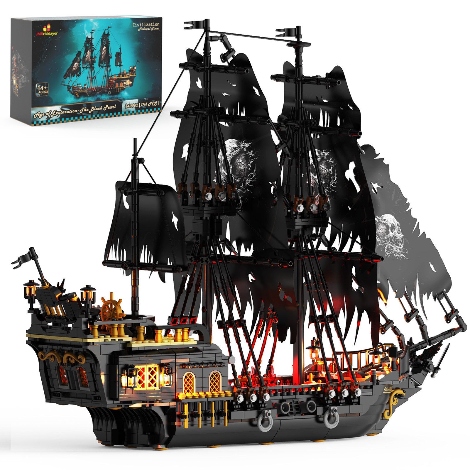 Esun Piratenschiff Baustein Set mit Lichtern, Pearl Piratenschiff Modell Spielbausteine, (Set, 1713 St., Komplettset), Klemmbausteine für Sammler & Deko, Geschenk