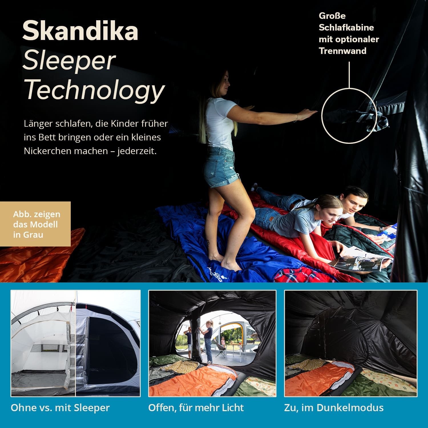 Skandika Tunnelzelt Campingzelt, Familienzelt, Egersund 5 XL Sleeper Protect, 2 m Stehhöhe, Personen: 5 (dunkle Schlafkabine, wasserdicht, 5000 mm Wassersäule), mit Sleeper Technologie, eingenähter Zeltboden, Moskitonetz, UPF 50+