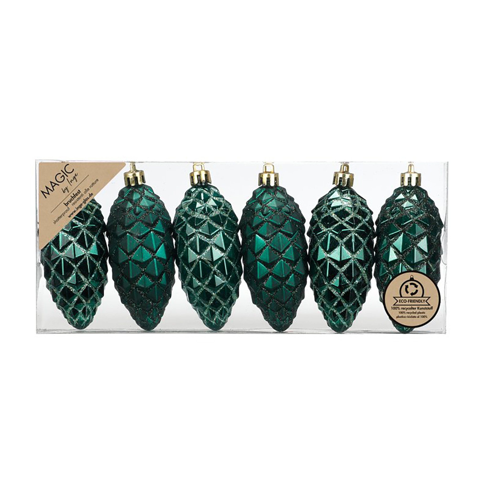 Holly & Jolly Christbaumschmuck, Christbaumschmuck Zapfen 9cm Kunststoff 6er Set - Noble Green