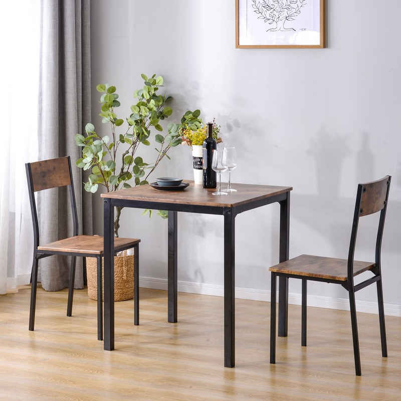 BlingBin Sitzgruppe Esszimmergruppe Esstisch mit 2 Stühlen Sitzgruppe Vintagebraun, (Mit zwei Stühlen für bequeme Einfachheit), L70 cm x B70 cm x H75 cm; L41cm x B38cm x H86cm