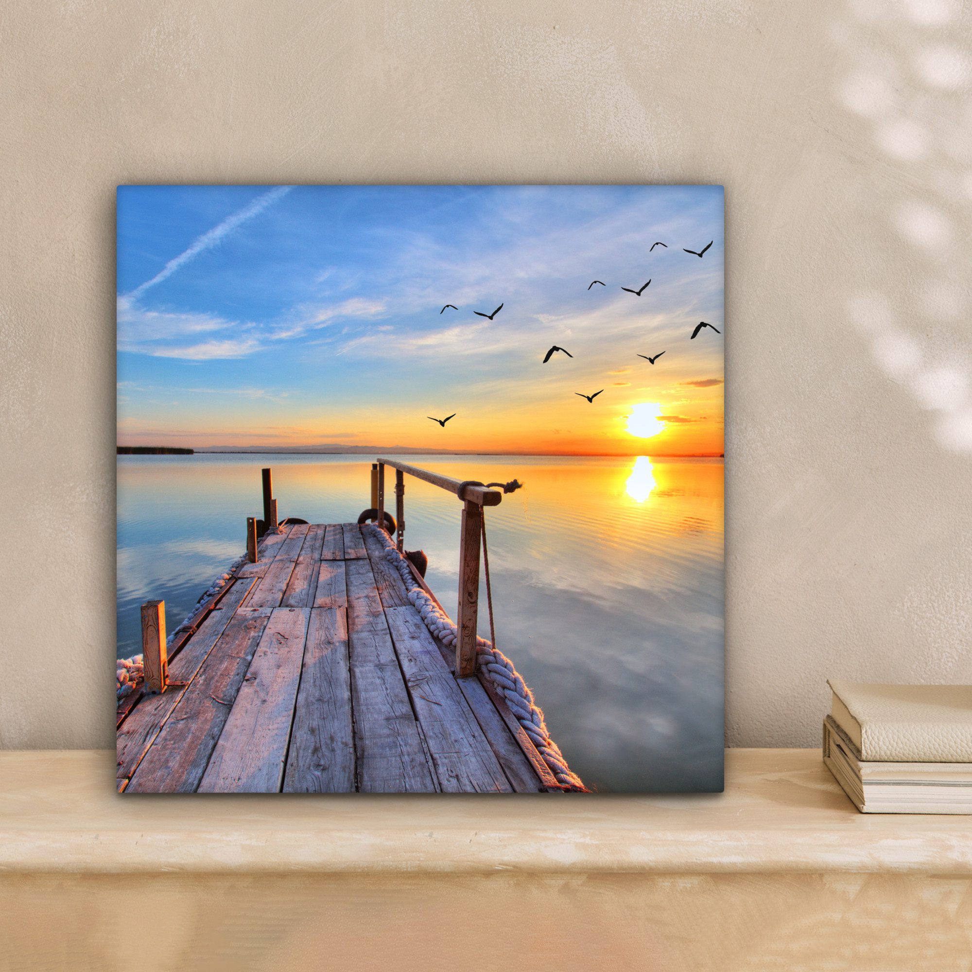 OneMillionCanvasses® Leinwandbild Wasser - Steg - Vögel - Sonnenuntergang - günstig online kaufen