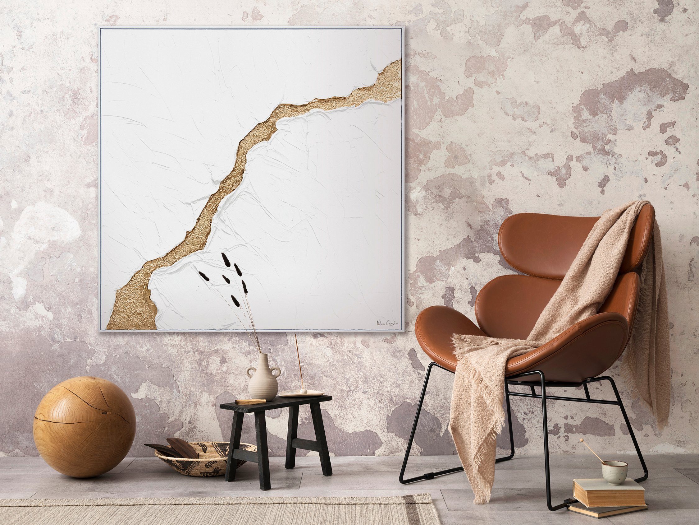 Die Handgemalt Flut, Abstrakt Weiß Bild Leinwand Gold YS-Art Gemälde in Rahmen mit Struktur
