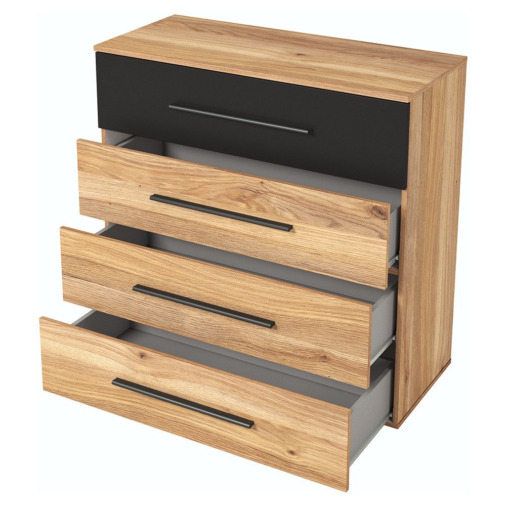 Lomadox Kommode BIRMINGHAM-83, in Eiche mit schwarz, 4 Schubladen, 91cm breit