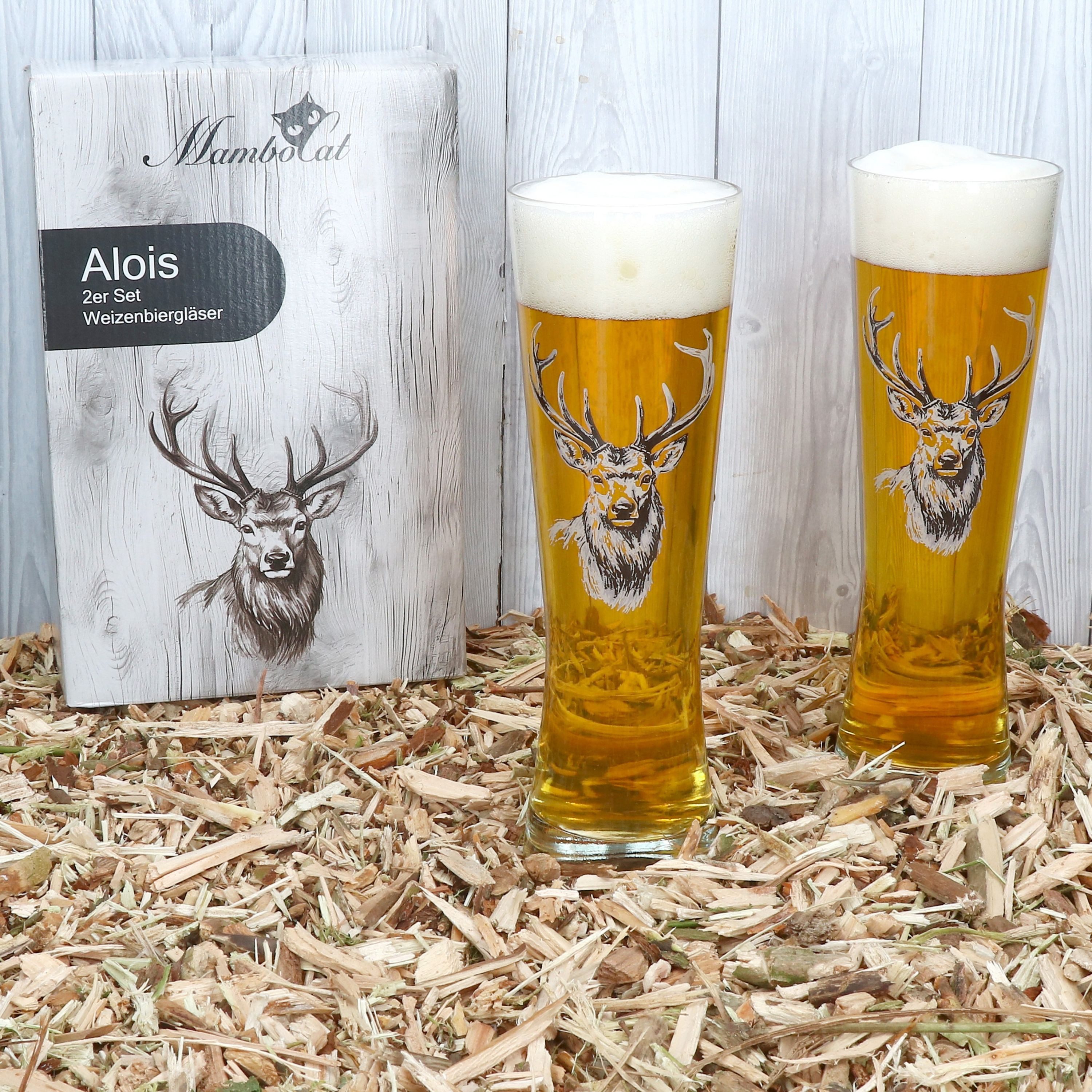 MamboCat Bierglas Alois 2er Set Weizenbierglas 0,5 L Hirschmotiv Geschenkverpackung, Glas