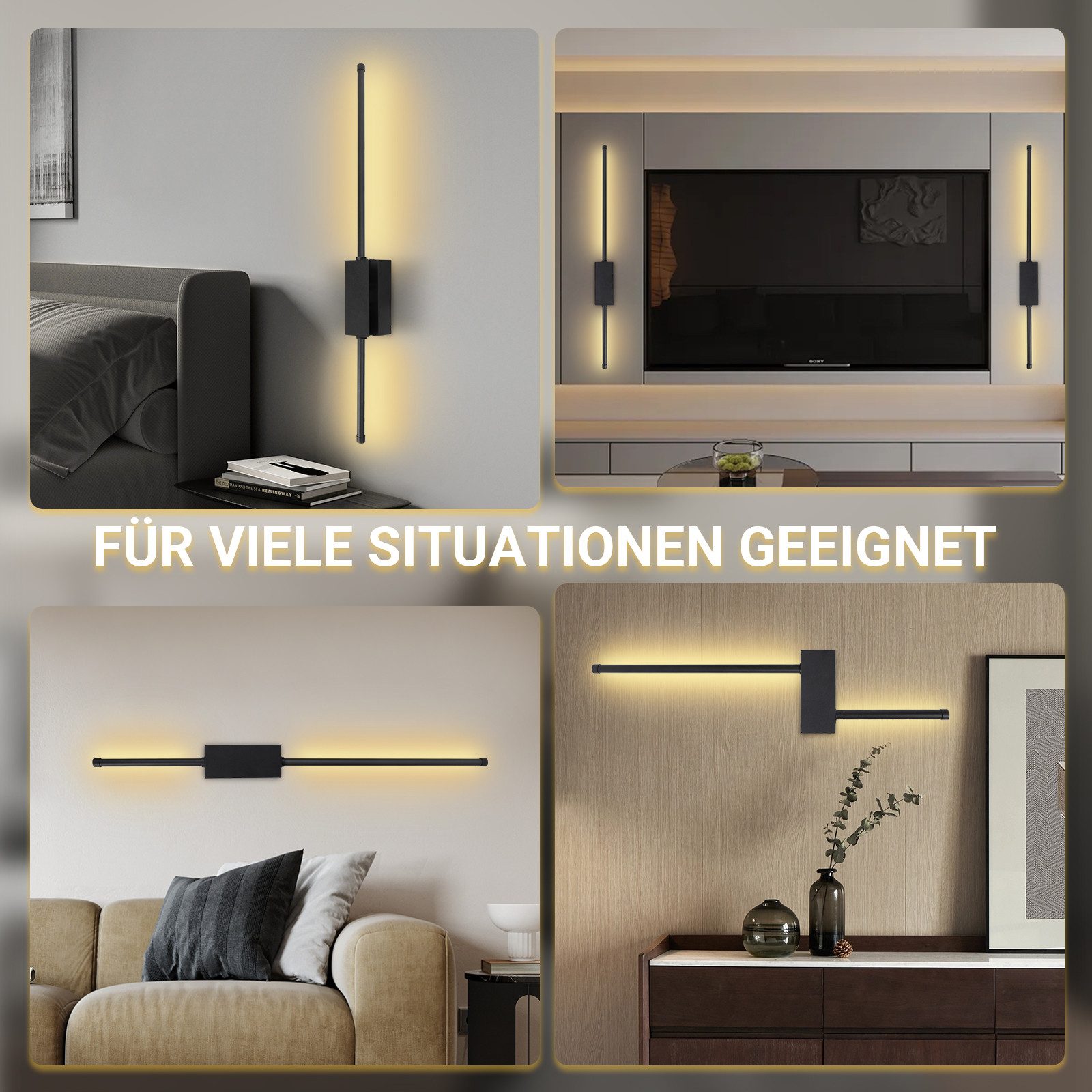 Rosnek LED Wandleuchte LED Akku Wandleuchte Innen Kabellos 360° Drehbar Dimmbar Fernbedienung, LED wechselbar, 5000mAh Batterie Wandlampe Schwarz Set 1/2 für Wohnzimmer, Flur