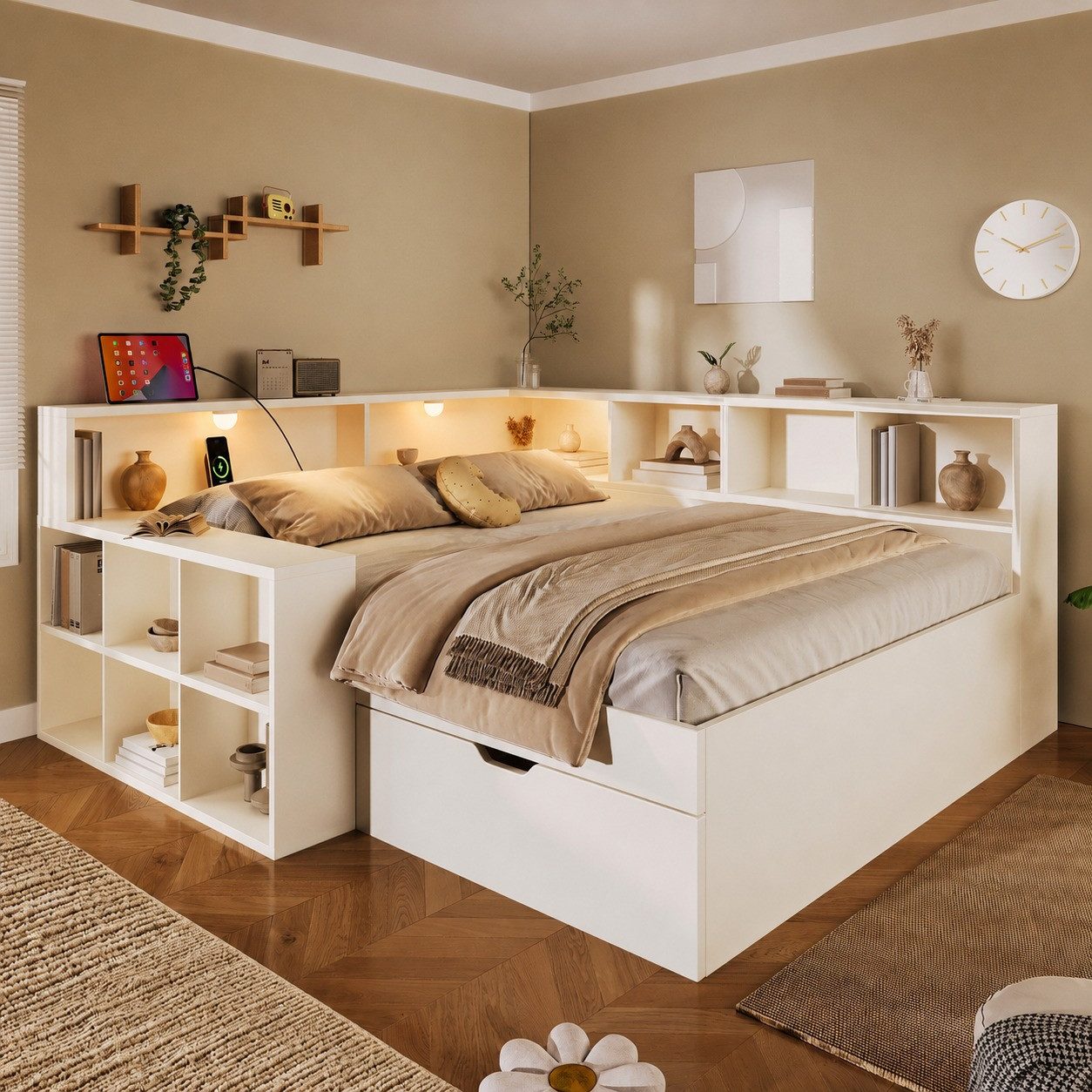 Flieks Holzbett, Kinderbett 140x200cm mit Stauraumregal, Schublade, Leselicht, Aufladen