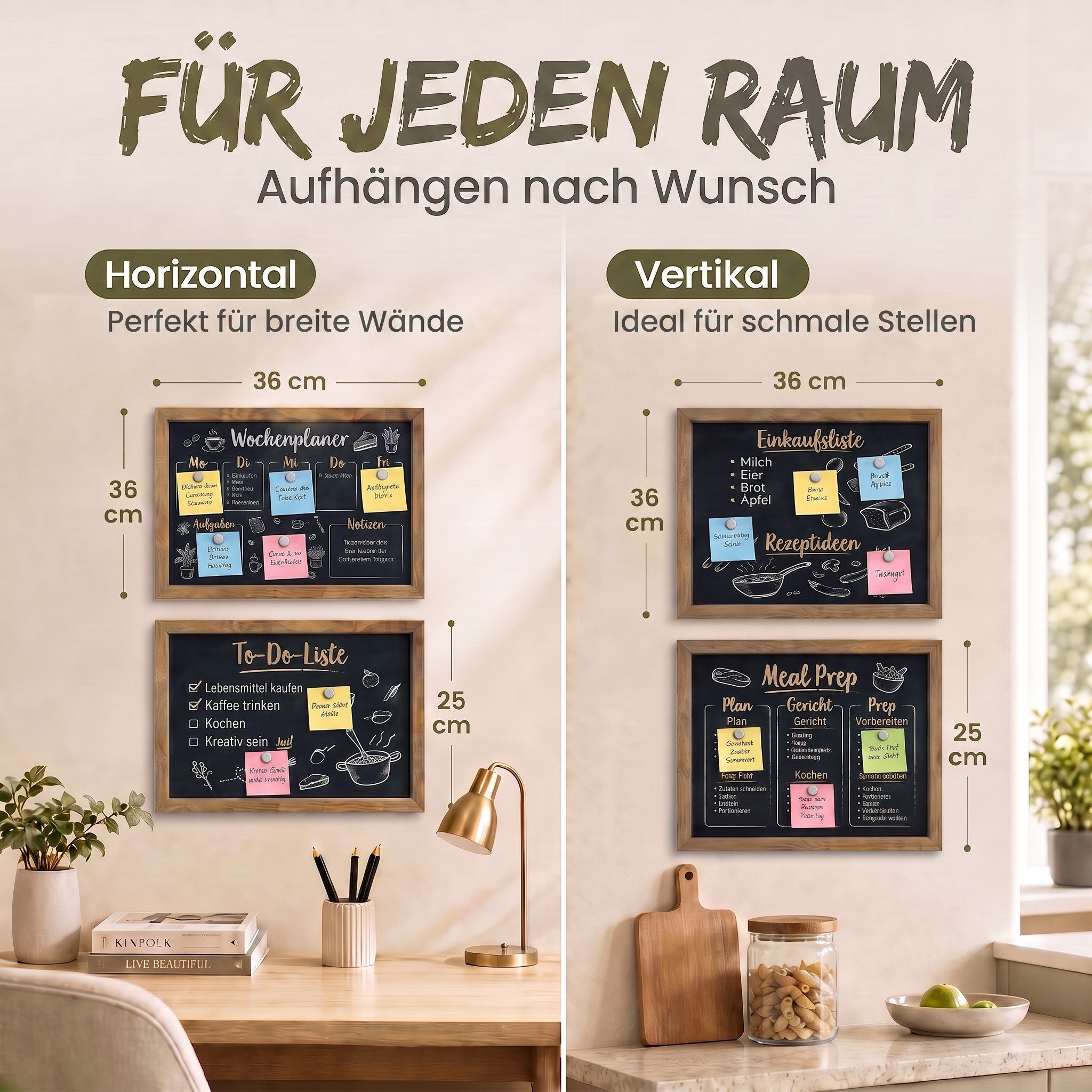 Goods+Gadgets Magnettafel Magnettafel Kreidetafel – Holzrahmen Magnet Board für Küche & Büro, (Magnet-Tafel zum Aufhängen, mit Holz-Rahmen), inkl. Kreidestift & – Bild 5 von 5