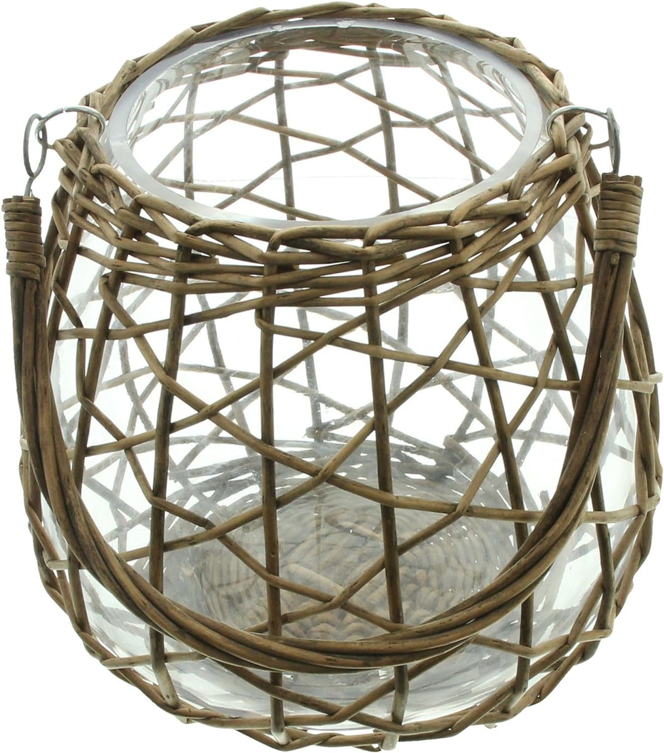 Dekoleidenschaft Windlicht "Geflecht" aus Glas, Kerzenglas mit Weidenkorb & Henkel, Ø 24x23 cm, Kerzenhalter für Stumpenkerzen, Dekoglas, Glaswindlicht, Windlichtglas