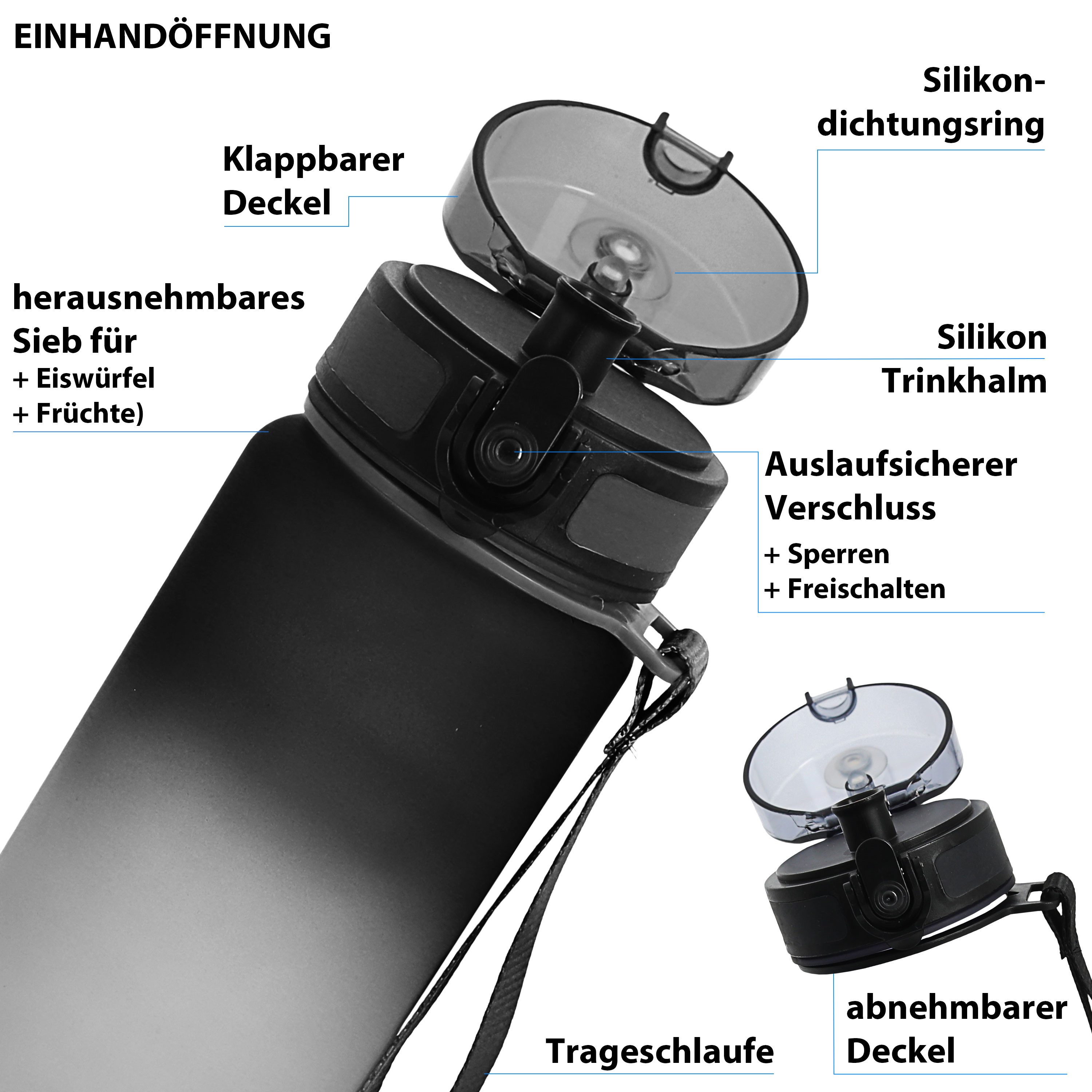 CEPEWA Trinkflasche Trinkflasche 1000ml PET PP PE 7,5x28cm schwarz weiß Handschlaufe Sieb