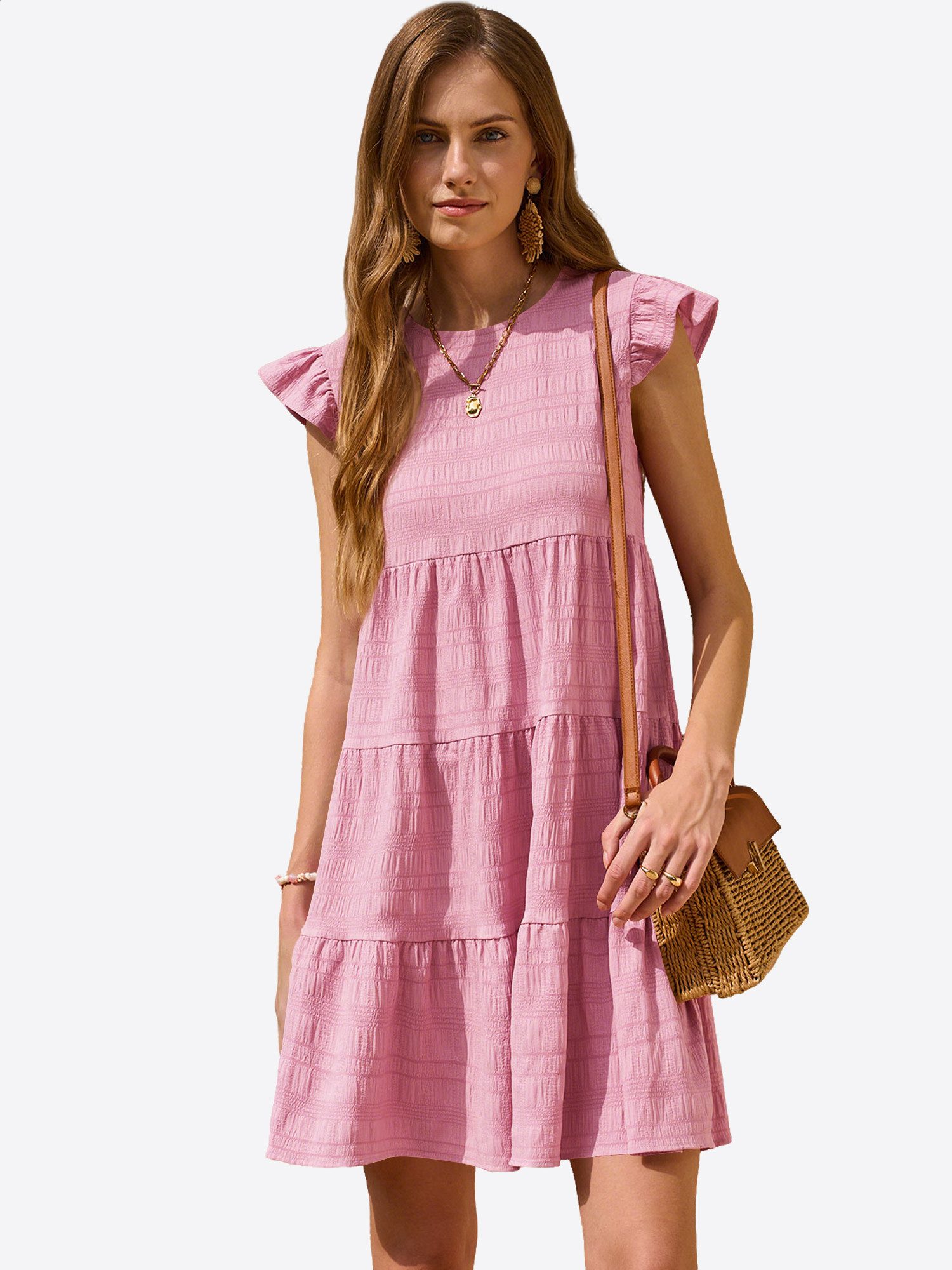 Imily Bela Babydollkleid Damen Lockeres Minikleid mit Rüschen Besatzung (Packung, 1-tlg., 1per-Pack) in Unifarbe