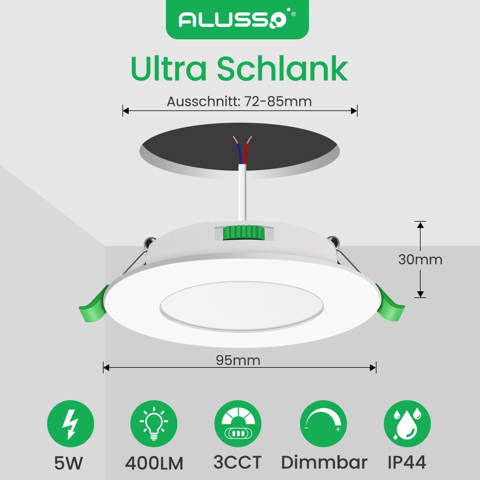 ALUSSO LED Einbaustrahler 6er-Set, Decken Leuchte, Flach Strahler für Bad, Wohnzimmer, 230V, 5W, 72-85 mm, Rund, Weiß