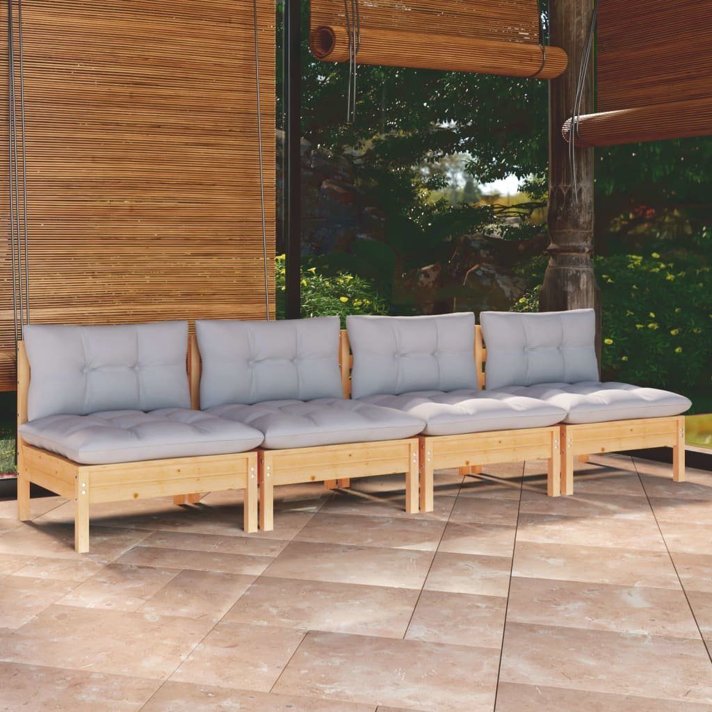 vidaXL Loungesofa 4-Sitzer-Gartensofa Braun Grau Grauen Kissen Kiefer, Massivholz 1 Teile und mit
