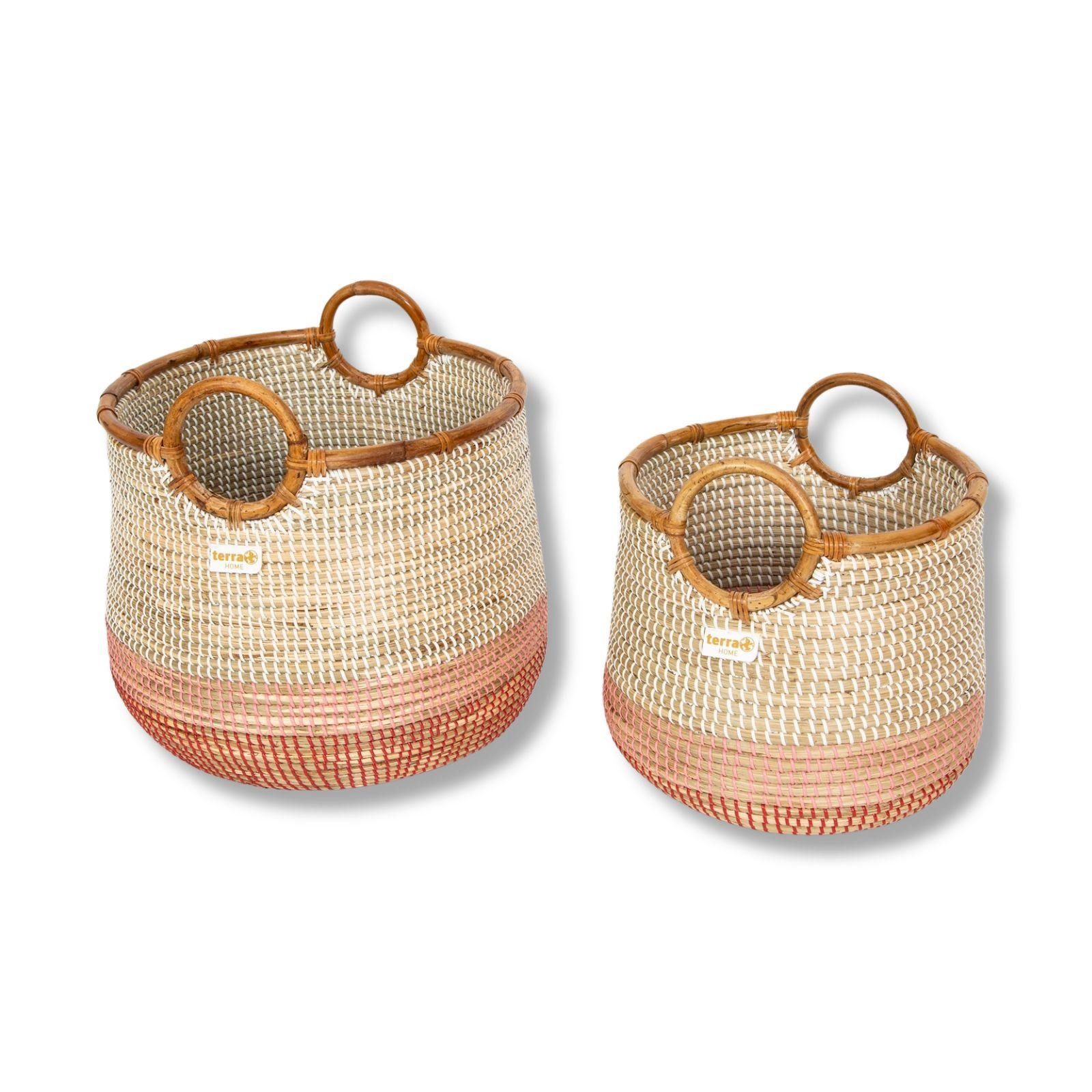 Terra Home Aufbewahrungskorb Terra Home Seegras Korbset Rattan Ø42 und Ø 34 rot weiß (2er Set, 2 St), Handgefertige Dekokörbe aus Seegras/Rattan.Farbverlauf,steckbar